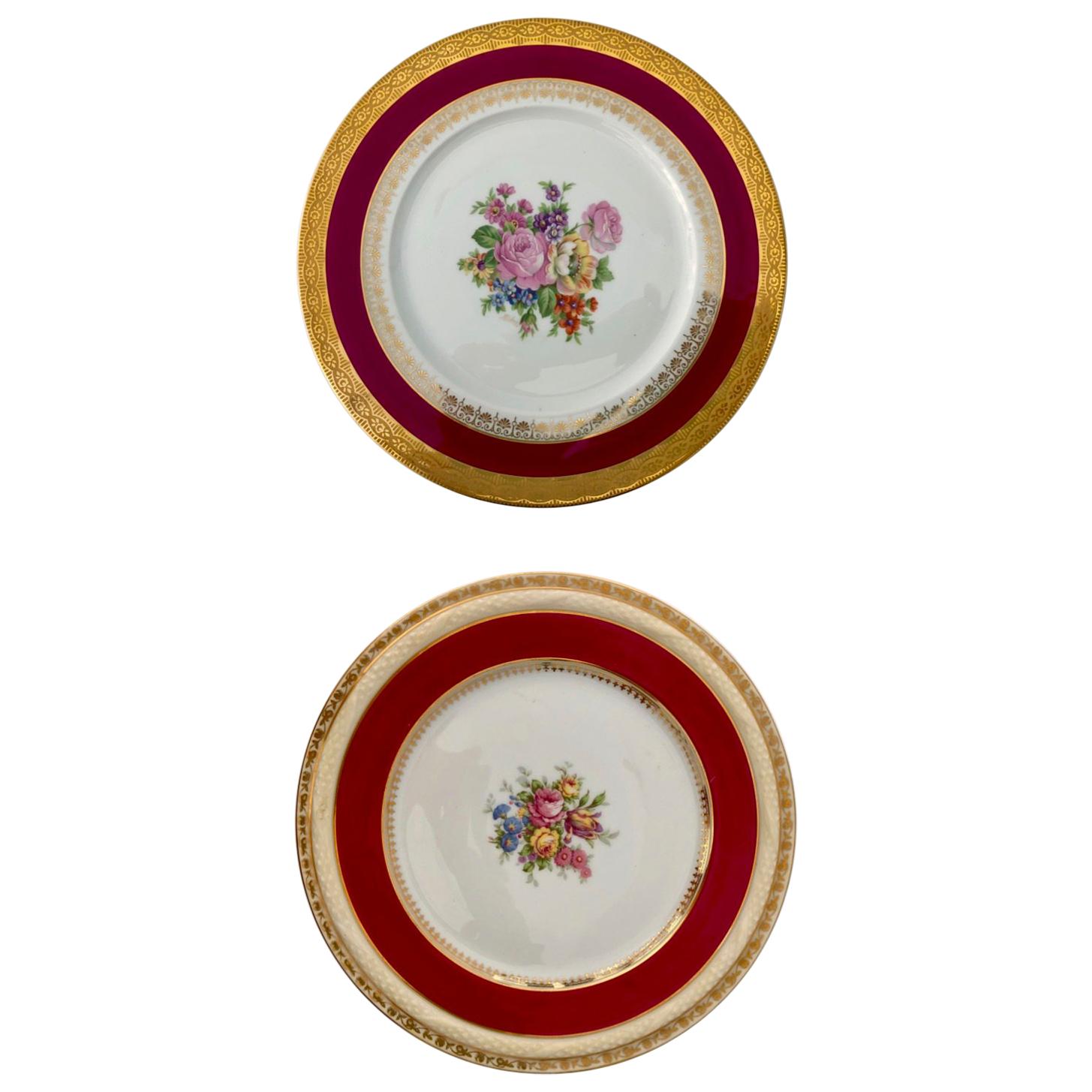 2 French Limoges Serving Plates, Hand-Painted Red, Gold with Decorative Flowers For Sale