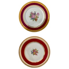 2 French Limoges Serving Plates, Hand-Painted Red, Gold with Decorative Flowers