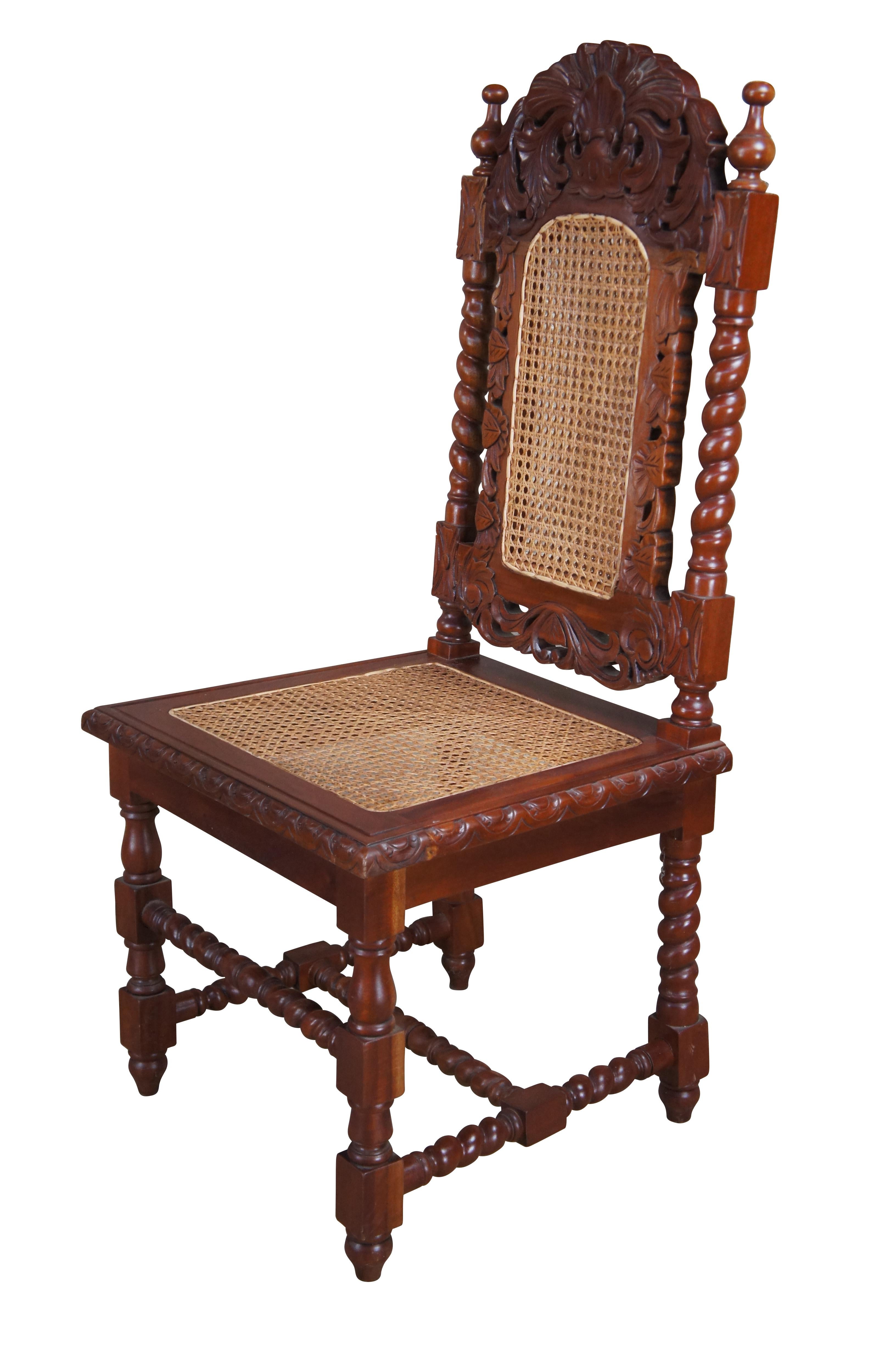 2 French Louis XIII Style Mahogany Carved Barley Twist Cane Dining Side Chairs In Good Condition For Sale In Dayton, OH