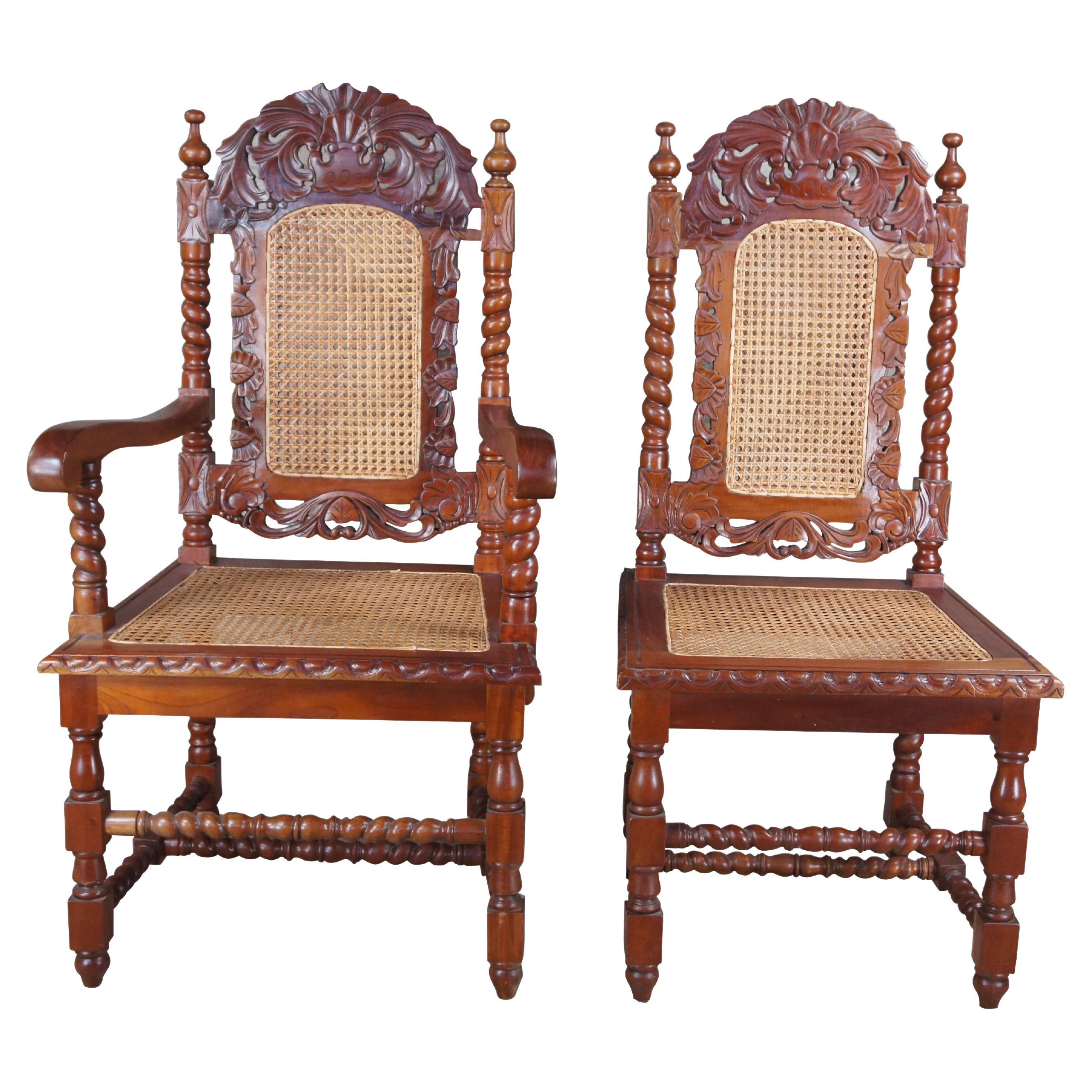 2 French Louis XIII Style Mahogany Carved Barley Twist Cane Dining Side Chairs For Sale