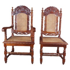 2 French Louis XIII Style Mahogany Carved Barley Twist Cane Dining Side Chairs