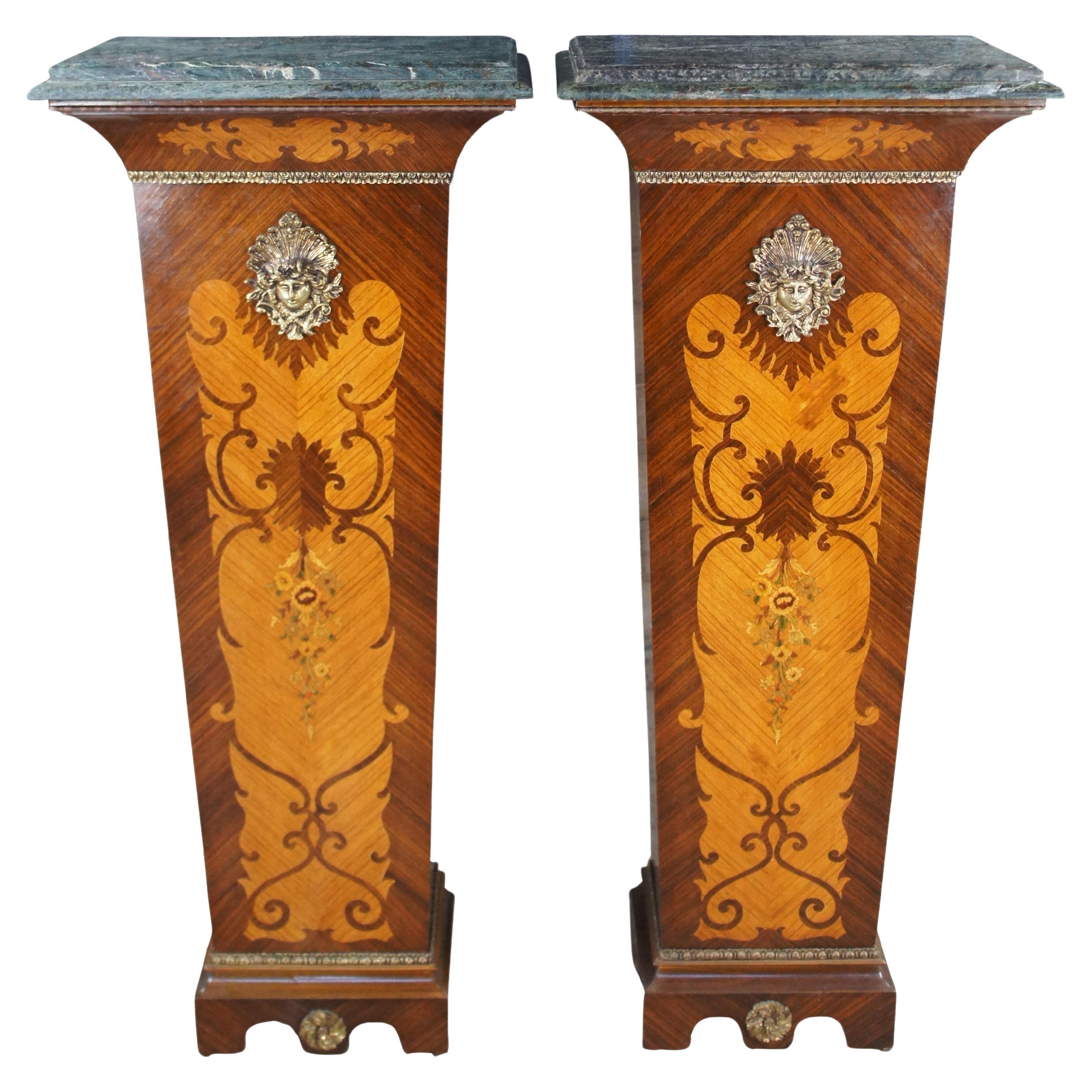 2 French Louis XV Walnut Fruitwood Parquetry Sculpture Stand Pedestals 55" For Sale