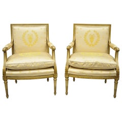 2 French Louis XVI Style Neoclassical Gold Silk Fauteuil Parcel Gilt Armchairs