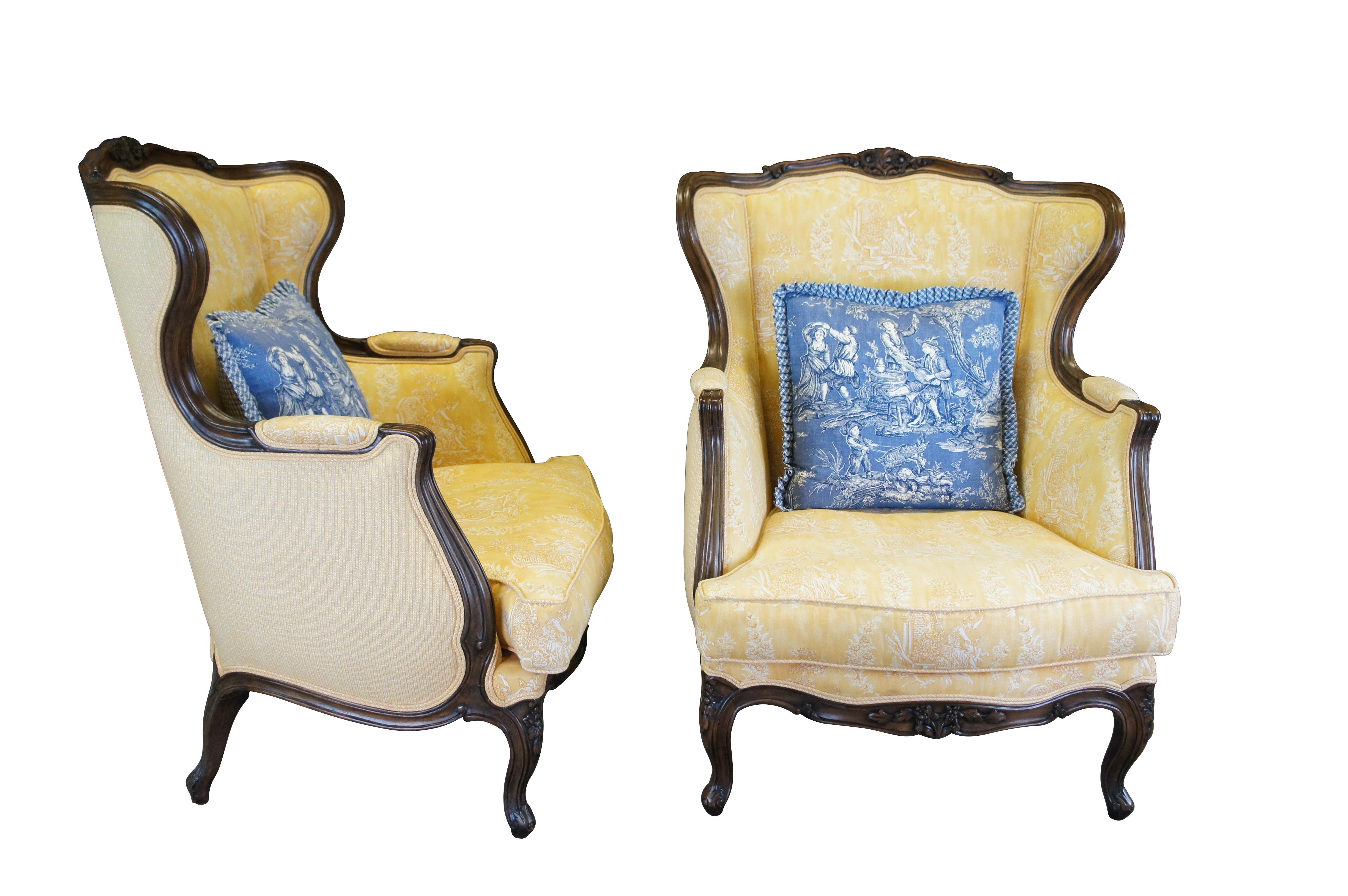 2 French Louis XVI Walnut Bergere Fauteuil Library Lounge Wingback Armchairs In Good Condition For Sale In Dayton, OH