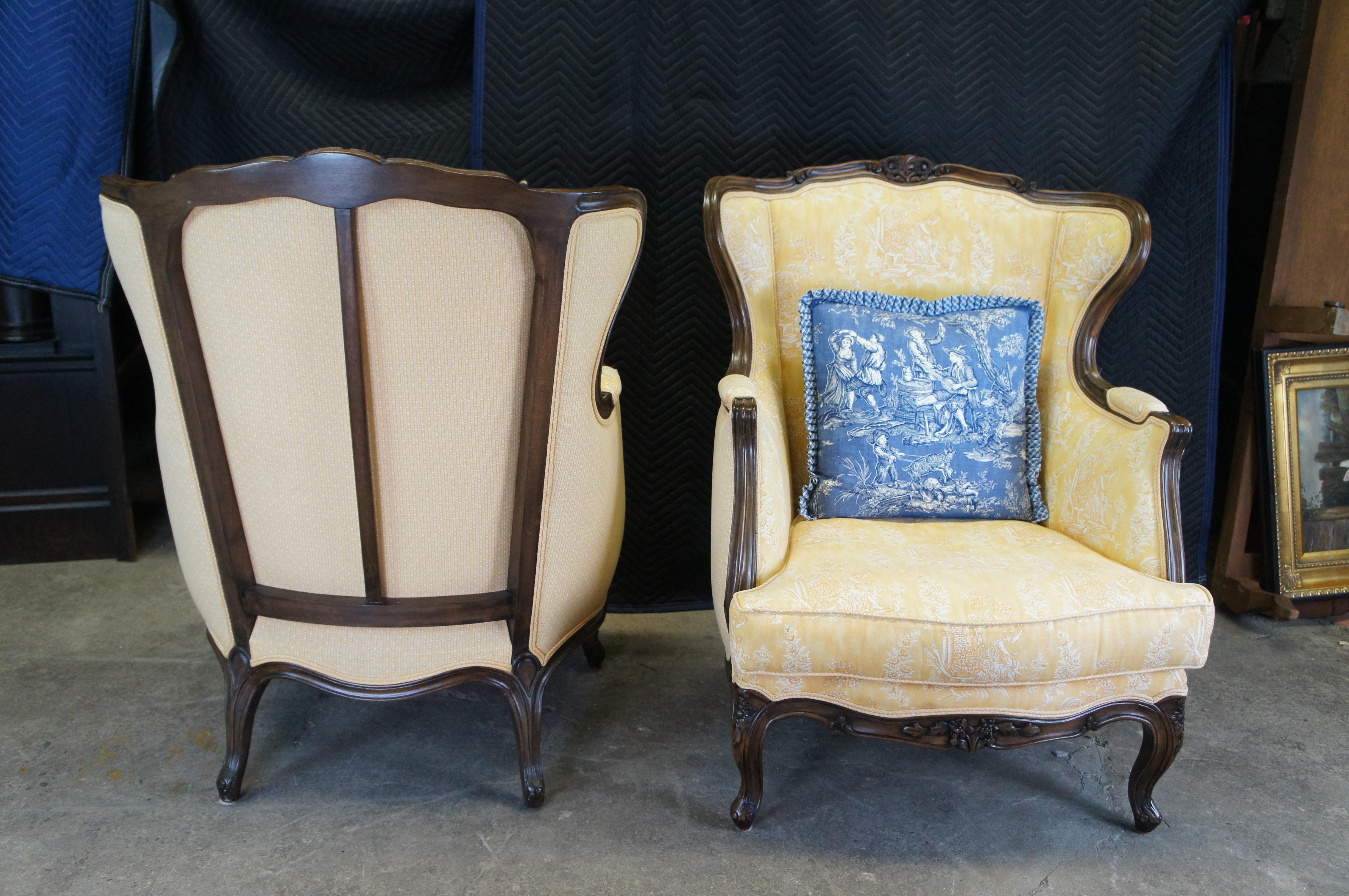 20th Century 2 French Louis XVI Walnut Bergere Fauteuil Library Lounge Wingback Armchairs For Sale