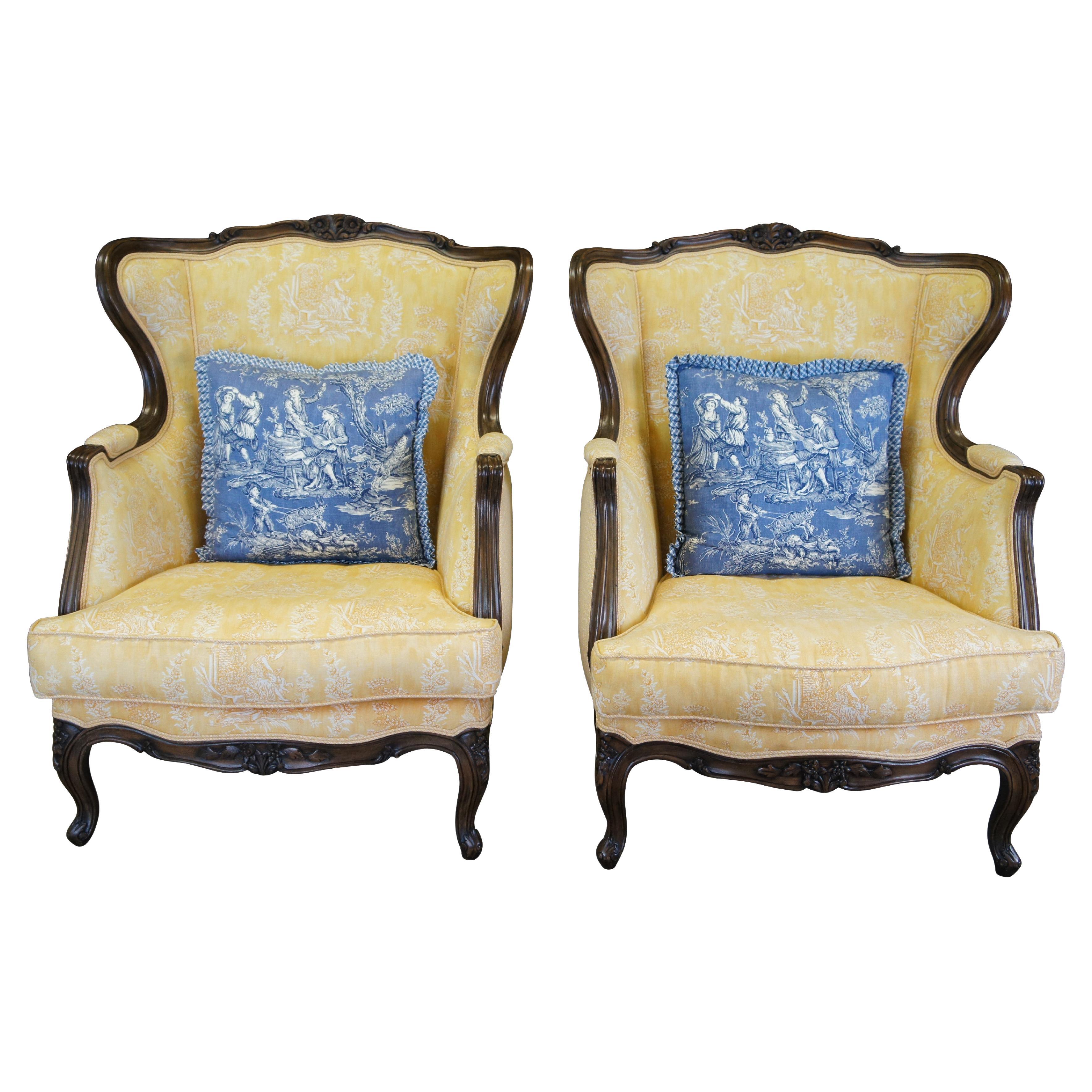 2 French Louis XVI Walnut Bergere Fauteuil Library Lounge Wingback Armchairs For Sale