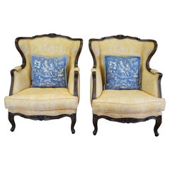 Retro 2 French Louis XVI Walnut Bergere Fauteuil Library Lounge Wingback Armchairs