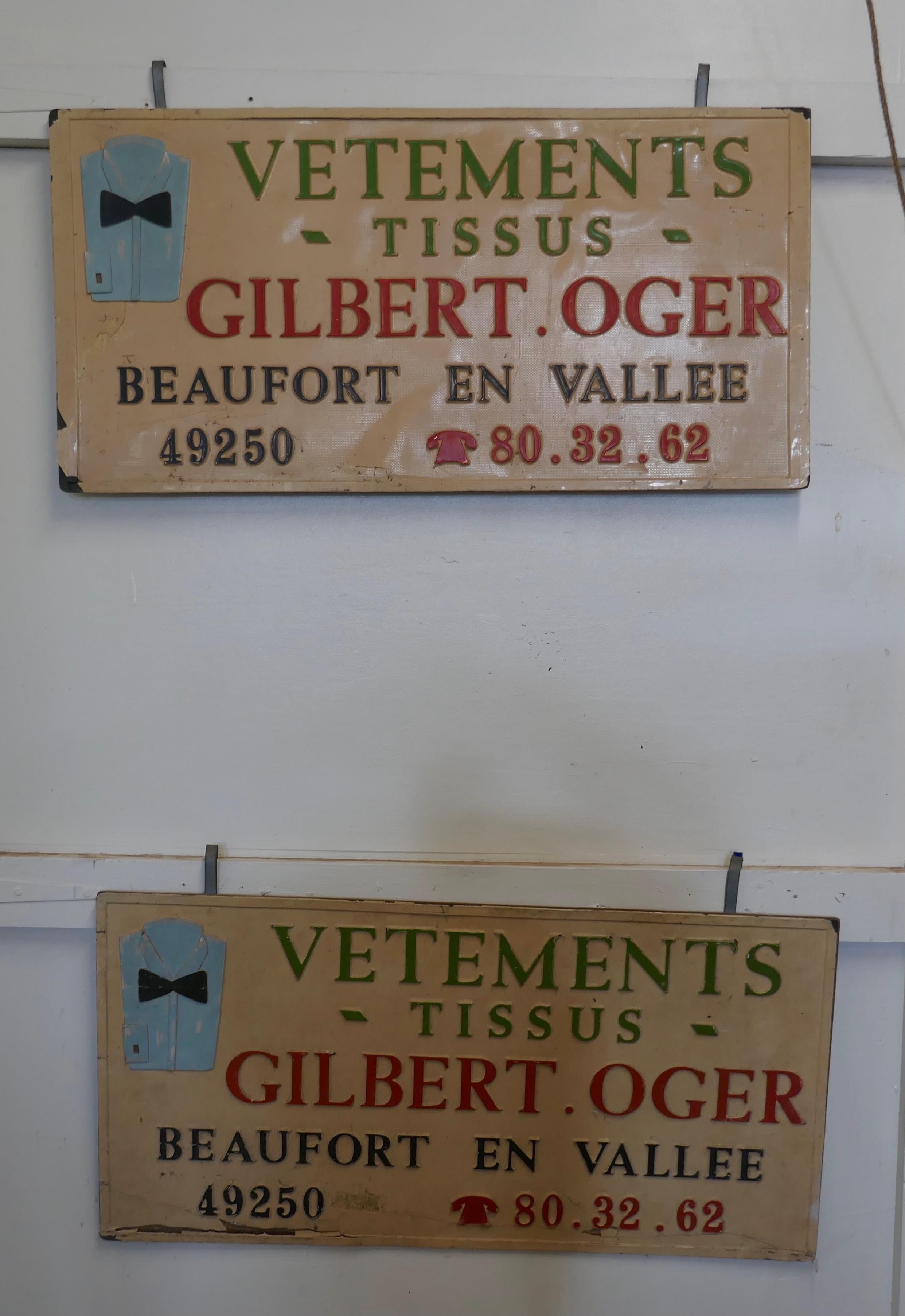 2 French Market Haberdashery stall hanging signs

These are Great pieces from a French market stall near Tours, they are hanging signs with applied advertising decoration
The signs are 20” high and 39” wide
NV187.