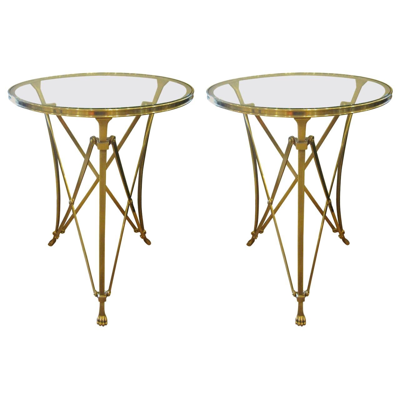 2 French Mid-Century Modern Neoclassical Style Brass End Tables, Maison Ramsay