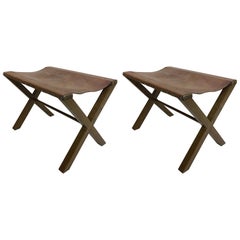 2 French Midcentury Wood and Studded Leather X-Frame Benches, Jean-Michel Frank