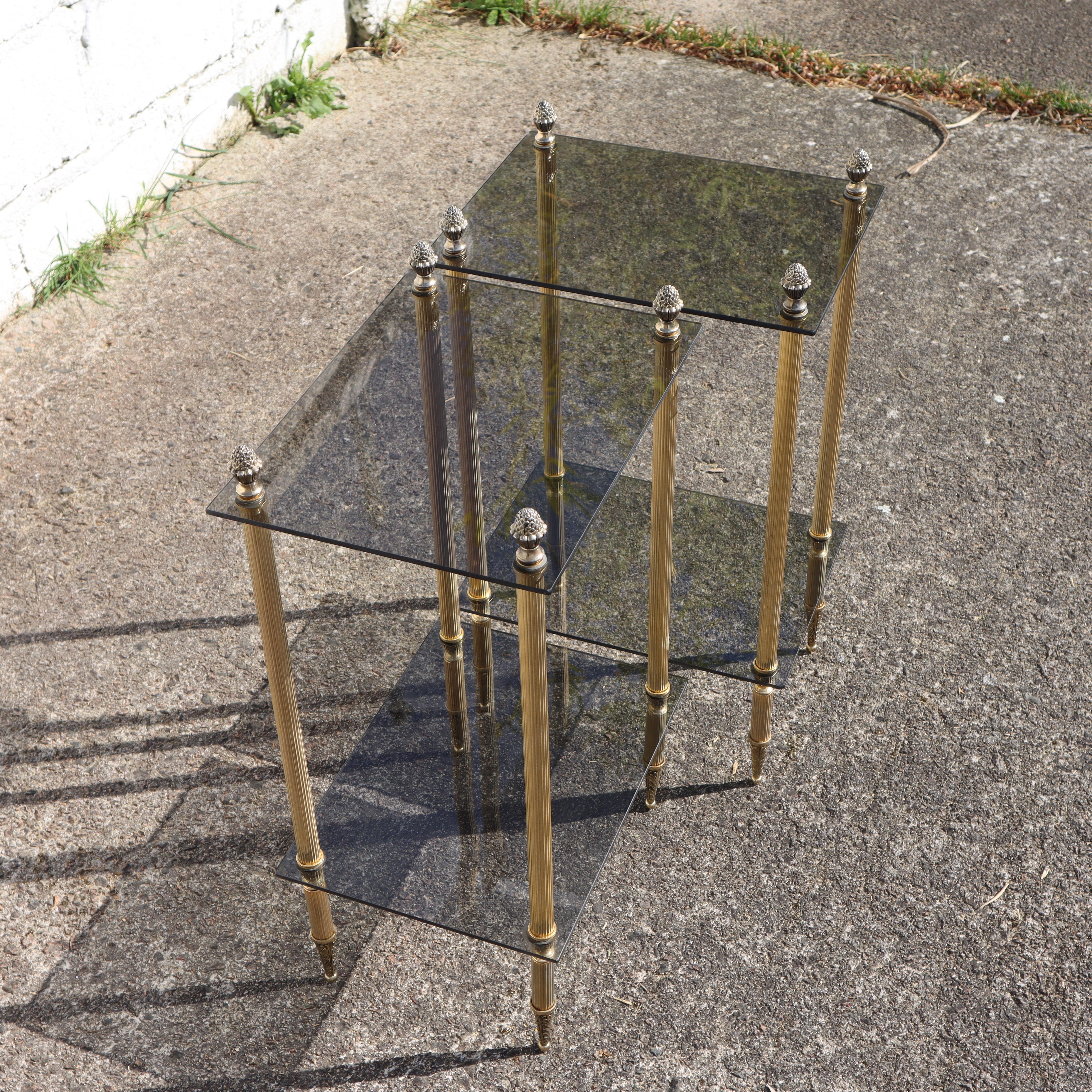 2 French Modern Neoclassical Brass-Glass 2 Tier Side Tables - Maison Jansen 60s 3