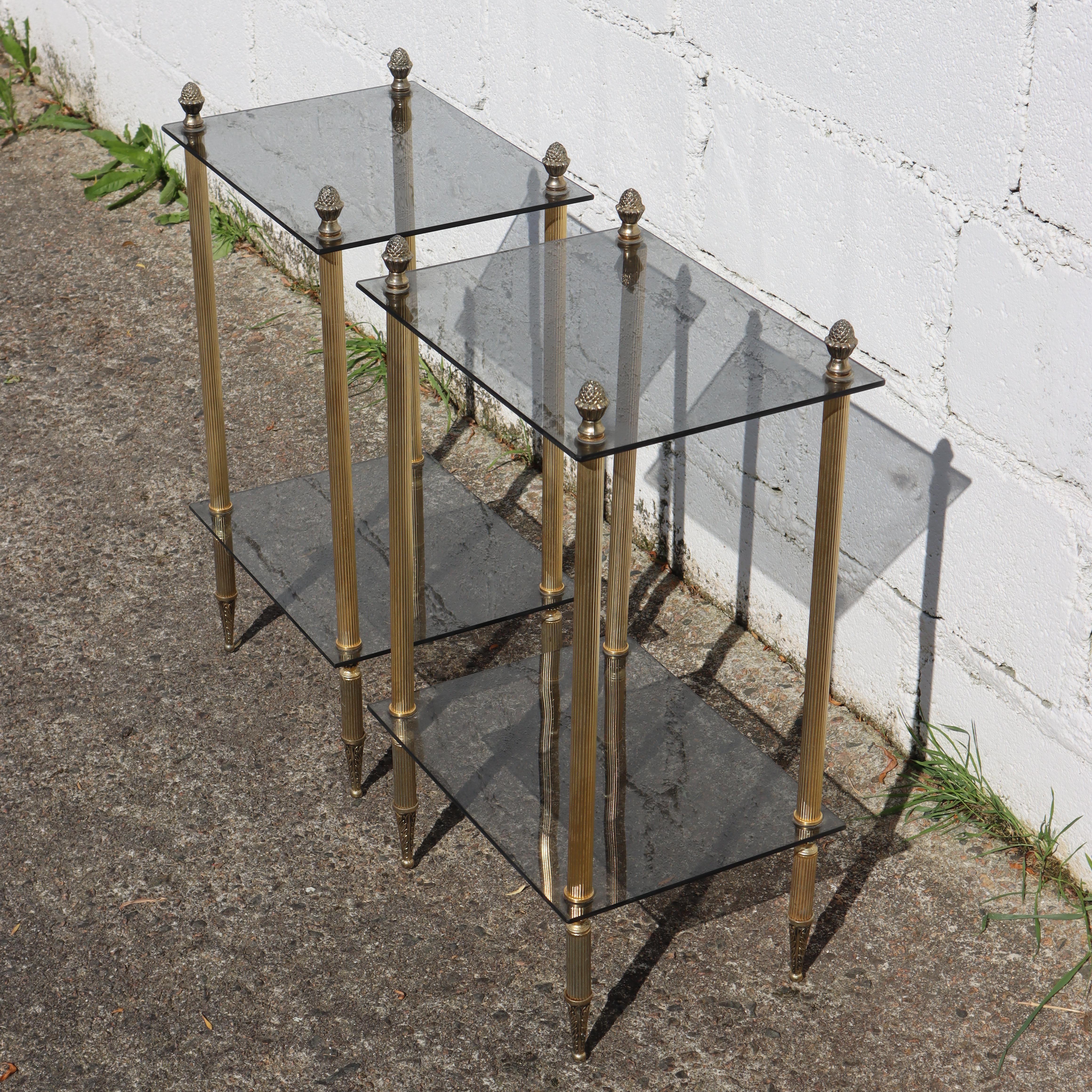 2 French Modern Neoclassical Brass-Glass 2 Tier Side Tables - Maison Jansen 60s 4