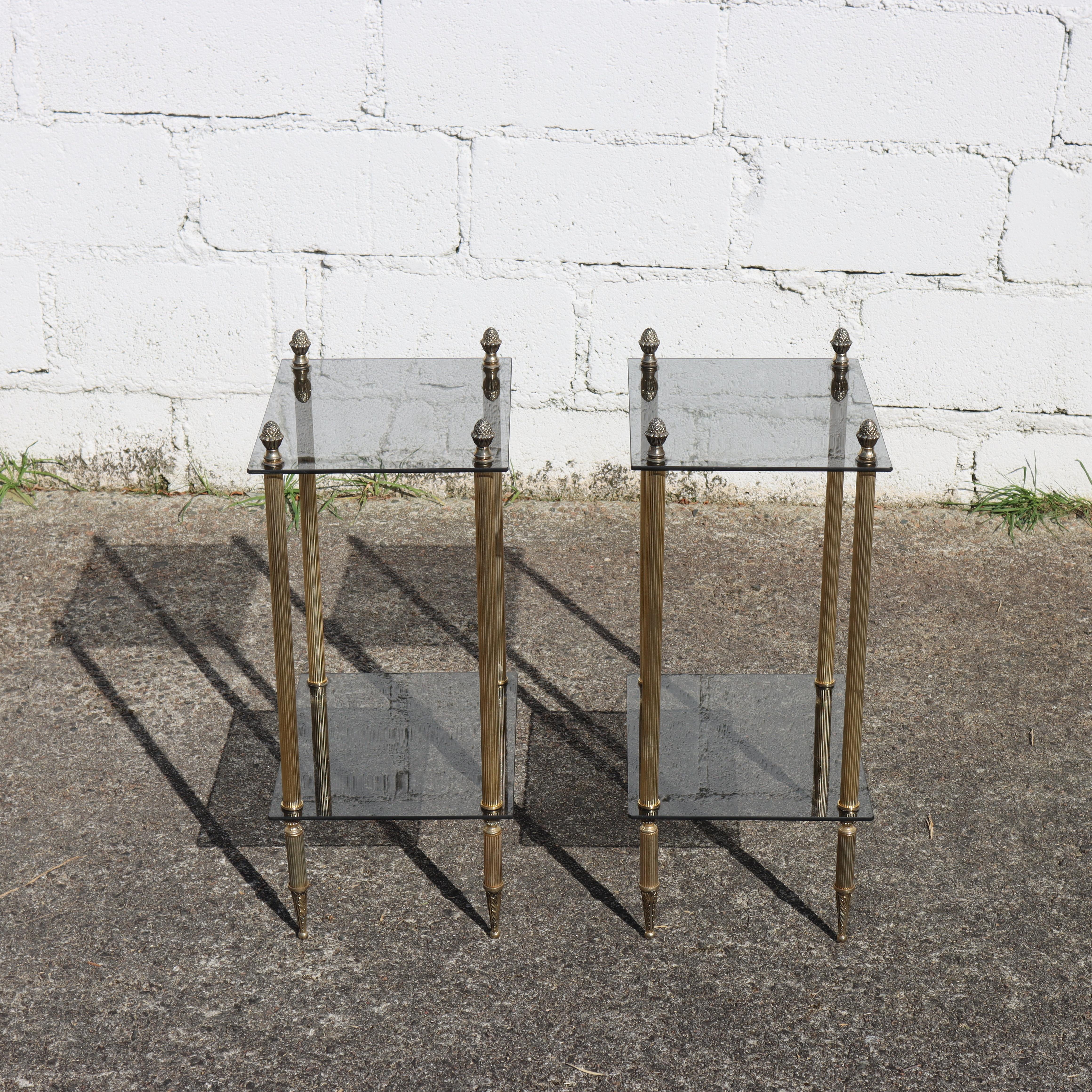 Neoclassical Revival 2 French Modern Neoclassical Brass-Glass 2 Tier Side Tables - Maison Jansen 60s
