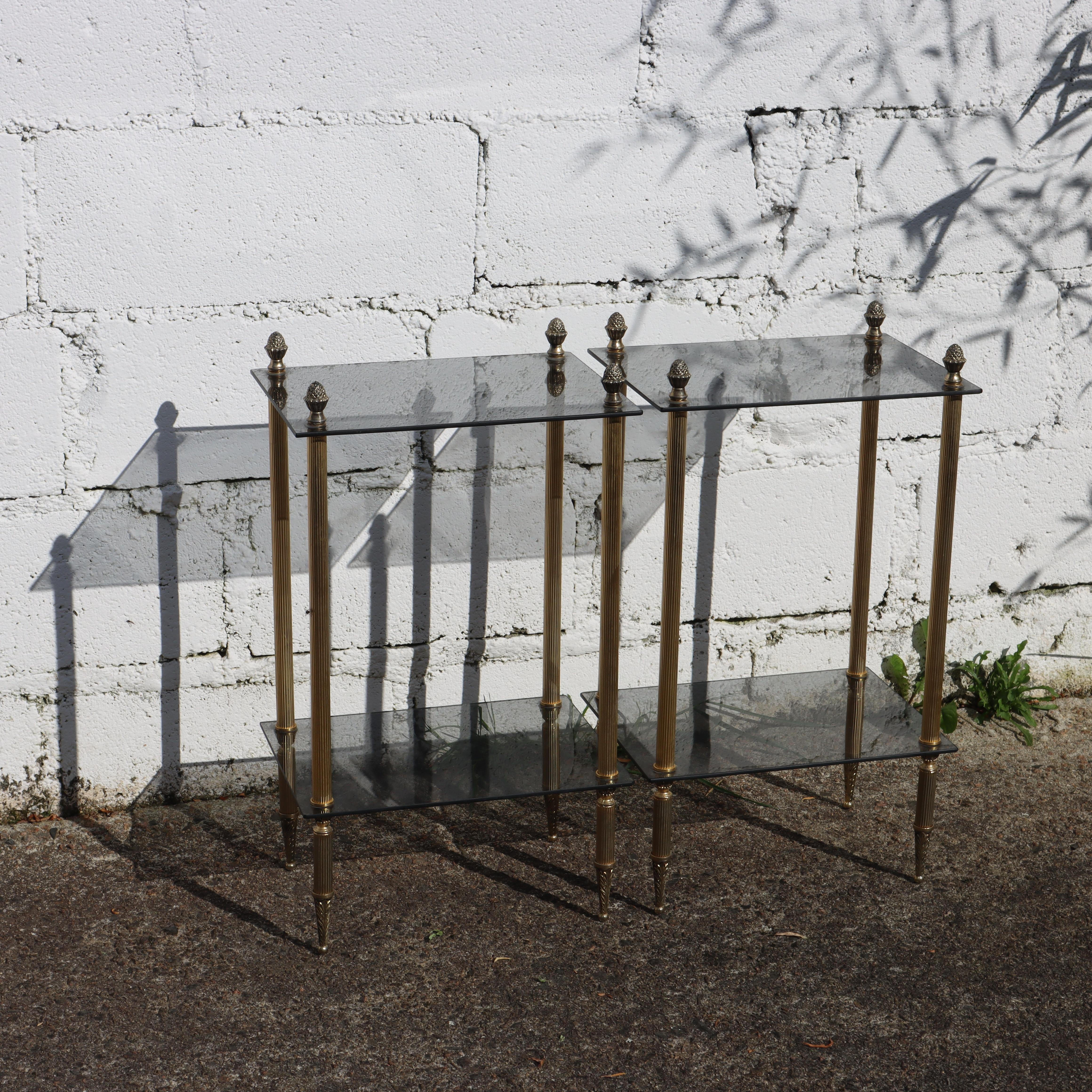Cast 2 French Modern Neoclassical Brass-Glass 2 Tier Side Tables - Maison Jansen 60s