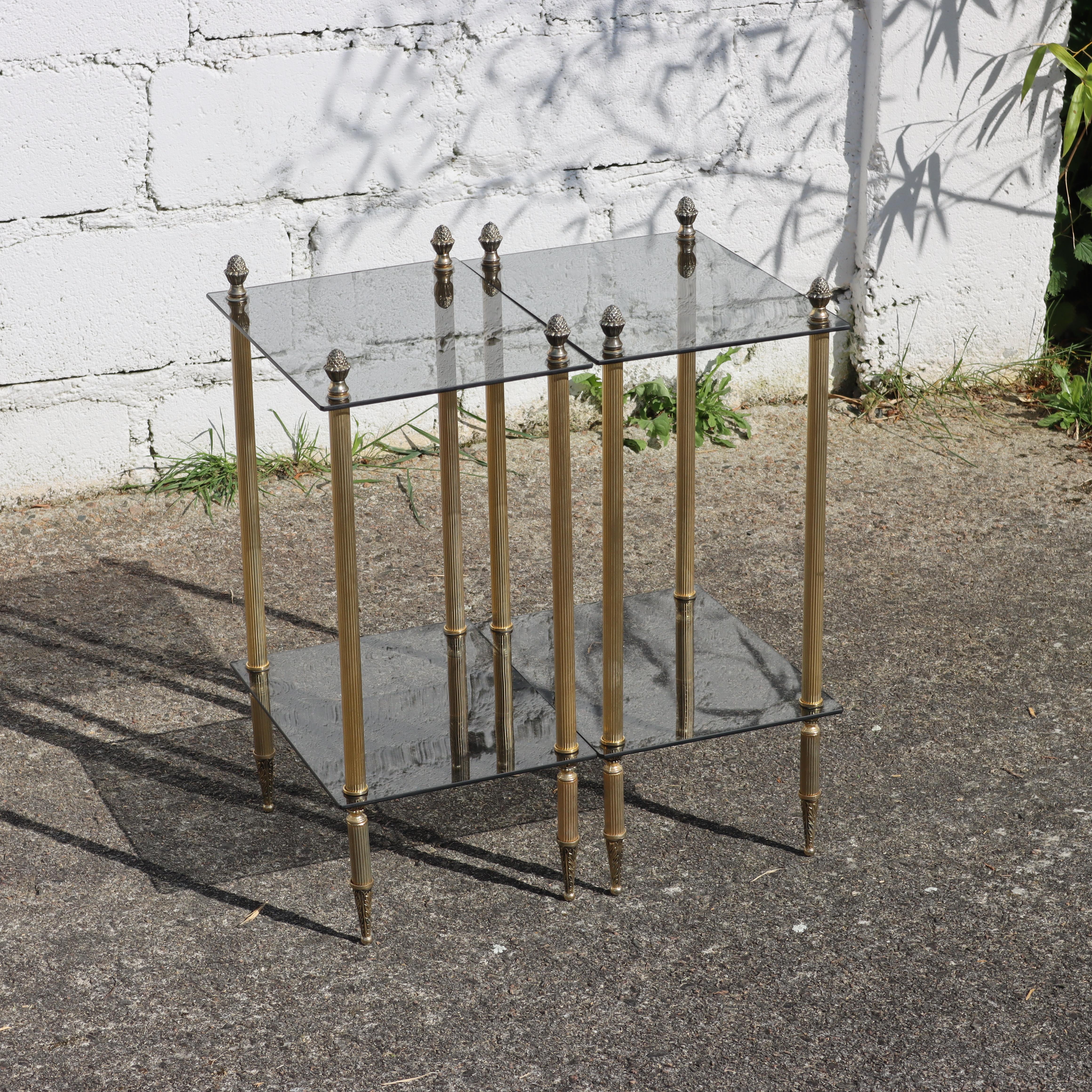 2 French Modern Neoclassical Brass-Glass 2 Tier Side Tables - Maison Jansen 60s In Good Condition In Bussiere Dunoise, Nouvel Aquitaine