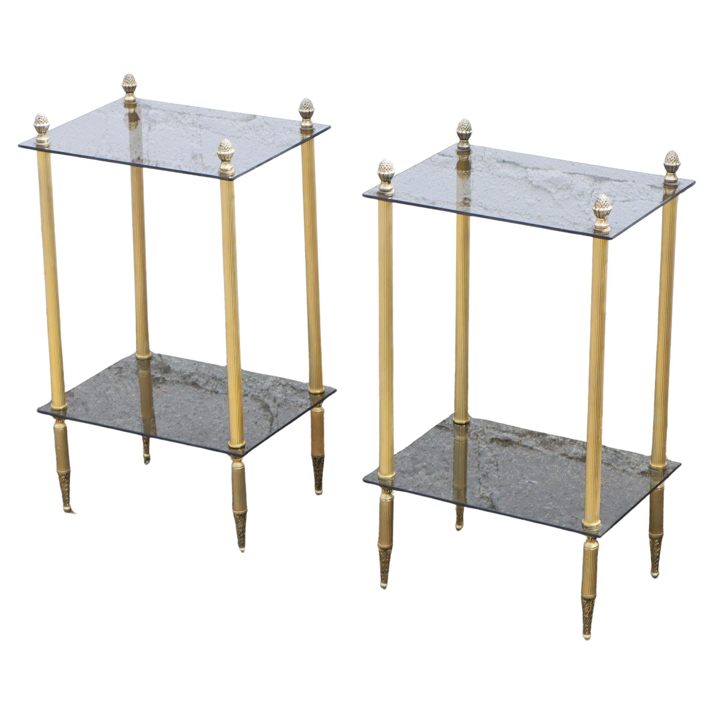 Mid-20th Century 2 French Modern Neoclassical Brass-Glass 2 Tier Side Tables - Maison Jansen 60s