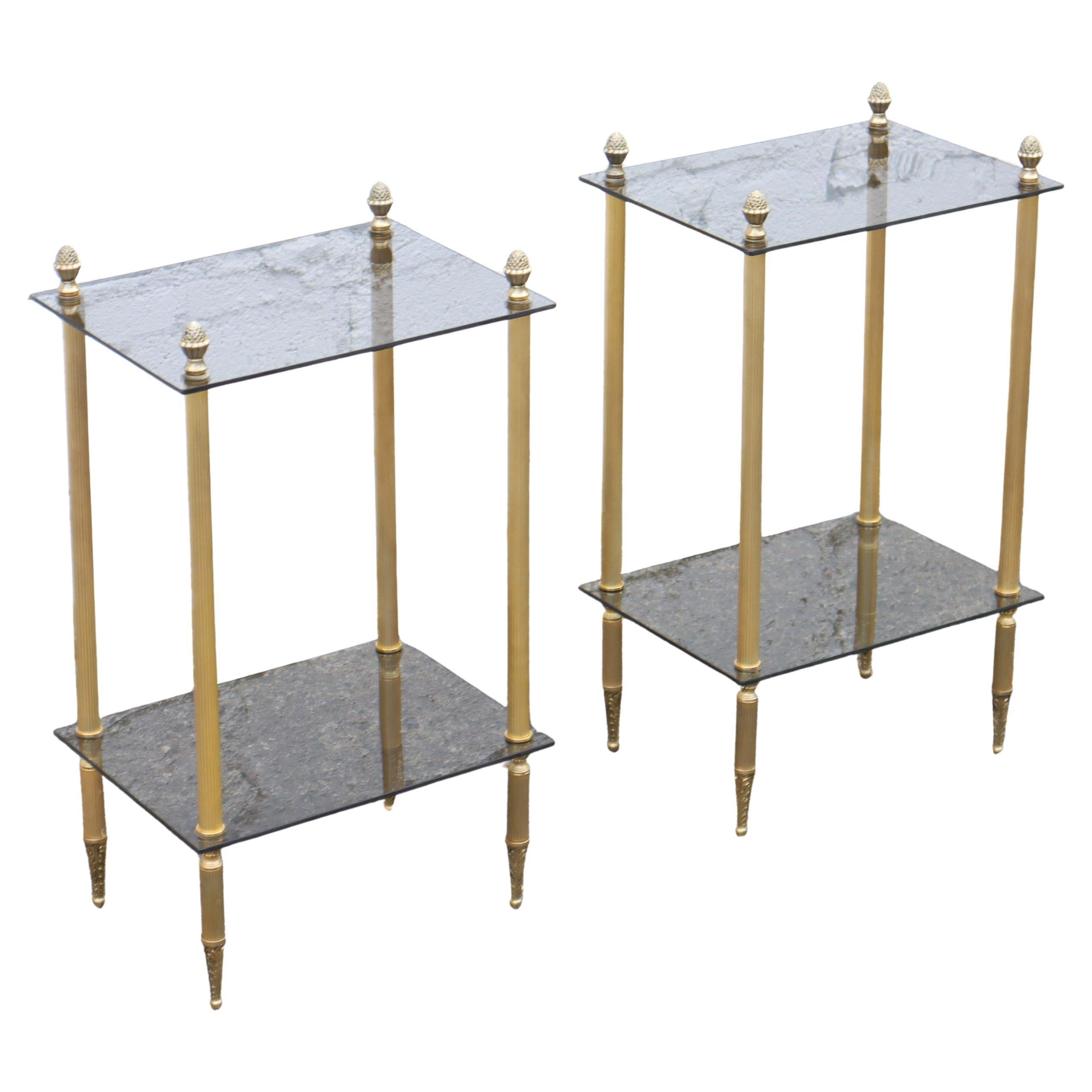 Metal 2 French Modern Neoclassical Brass-Glass 2 Tier Side Tables - Maison Jansen 60s