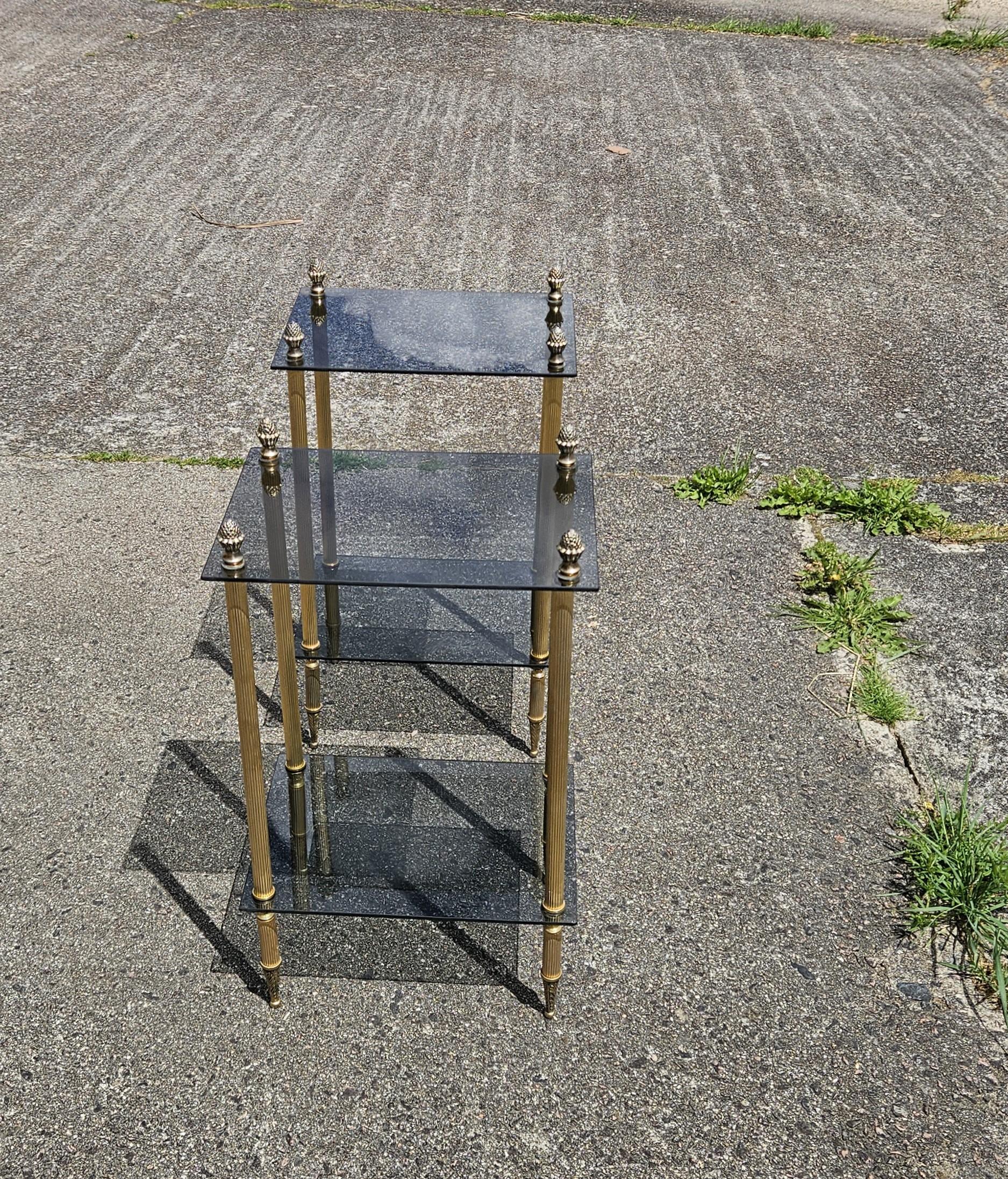 2 French Modern Neoclassical Brass-Glass 2 Tier Side Tables - Maison Jansen 60s 1