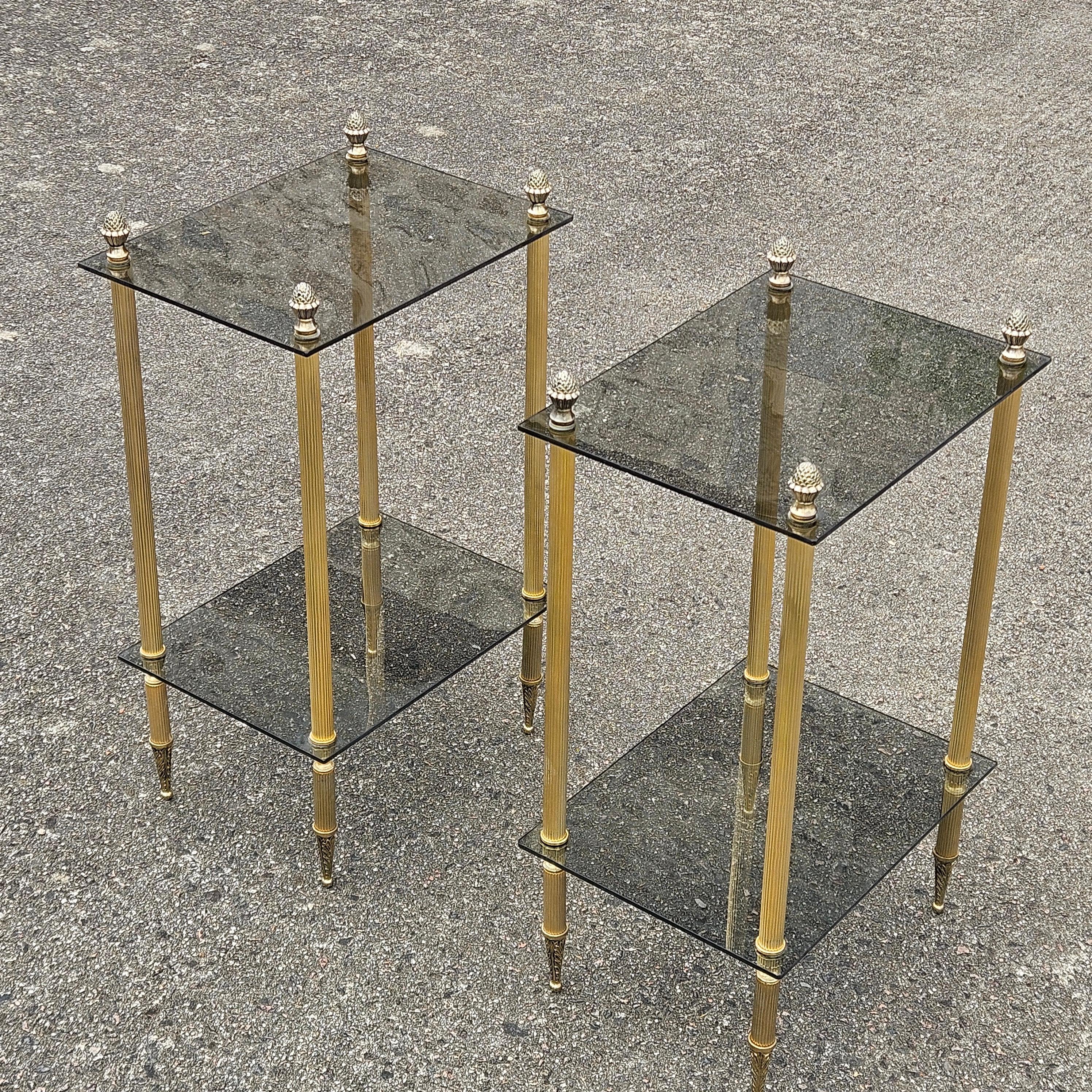 2 French Modern Neoclassical Brass-Glass 2 Tier Side Tables - Maison Jansen 60s 2