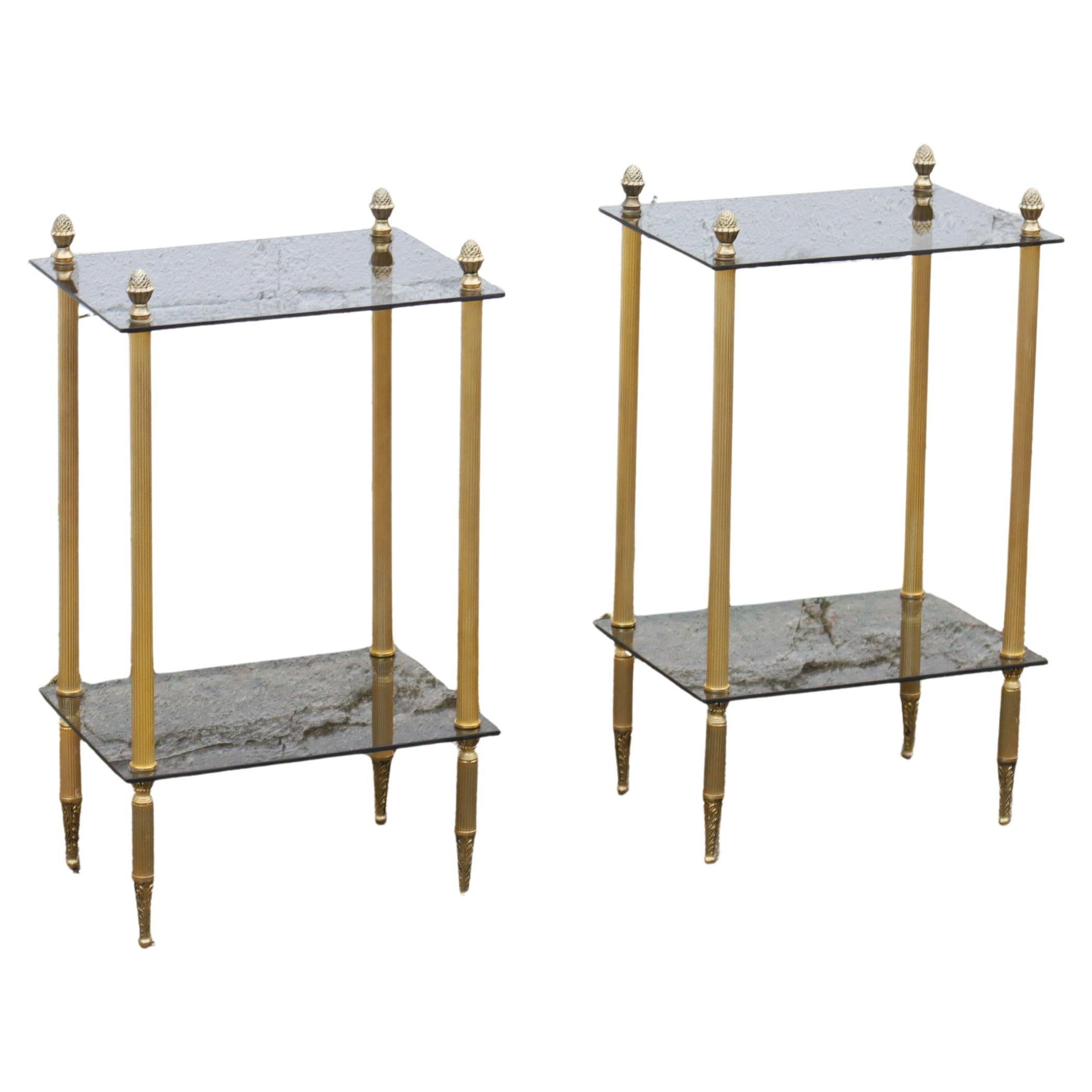 2 French Modern Neoclassical Brass-Glass 2 Tier Side Tables - Maison Jansen 60s