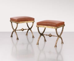 2 French Modern Neoclassical Bronze Benches / Side Tables in Style of Giacometti