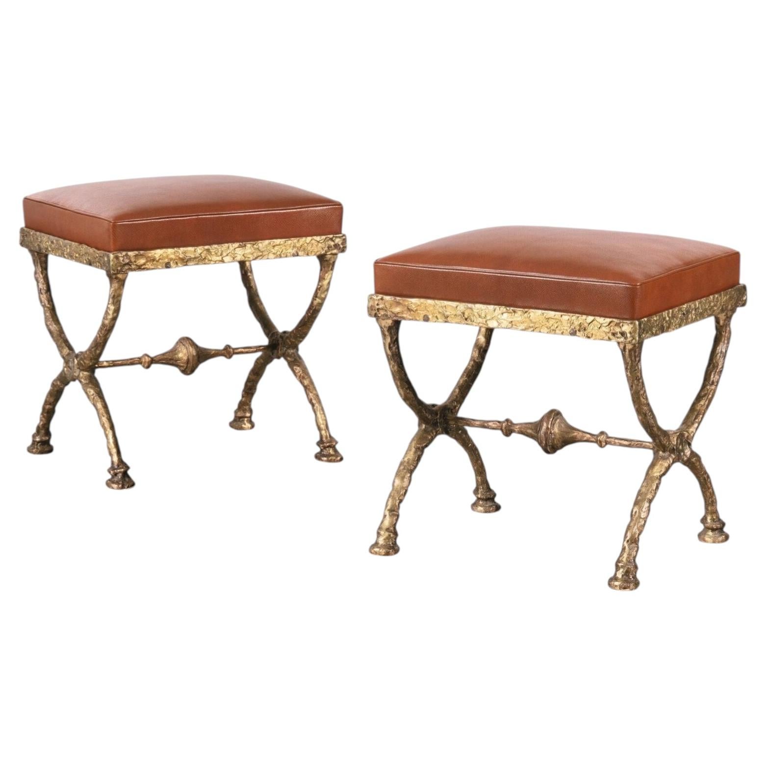 2 French Modern Neoclassical Bronze Benches / Side Tables in Style of Giacometti