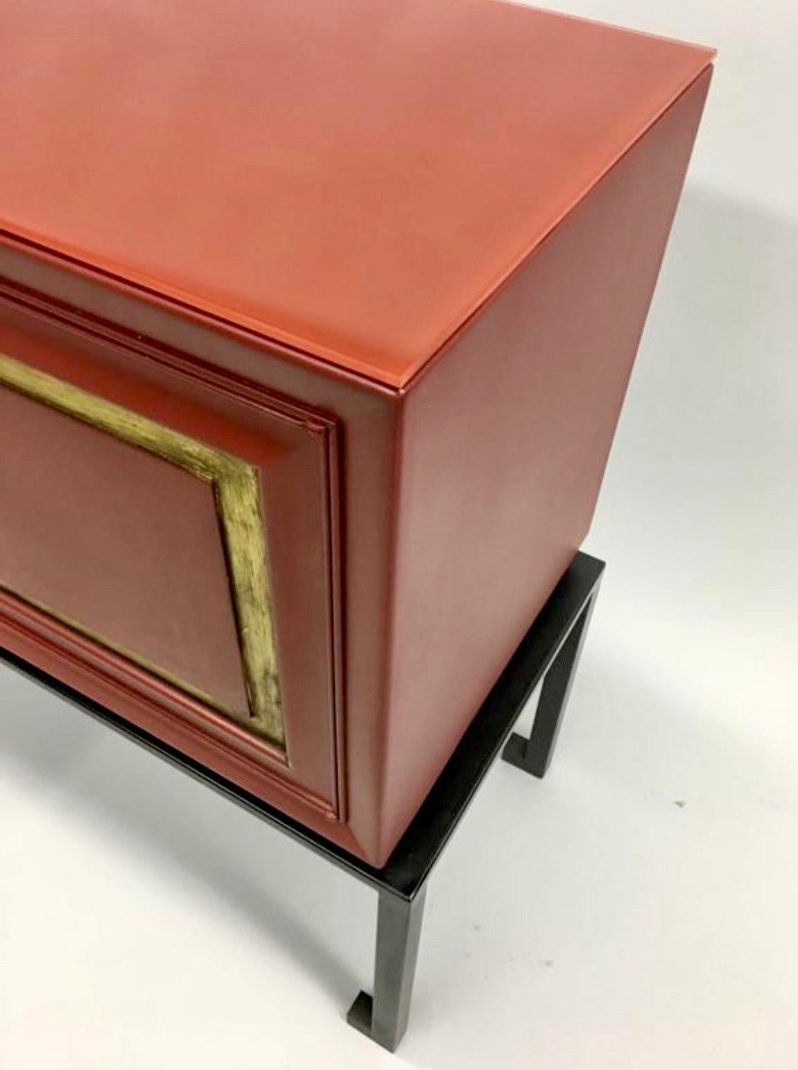 Enameled 2 French Modern Neoclassical Chinese Red Lacquer Sideboards by Jacques Adnet For Sale