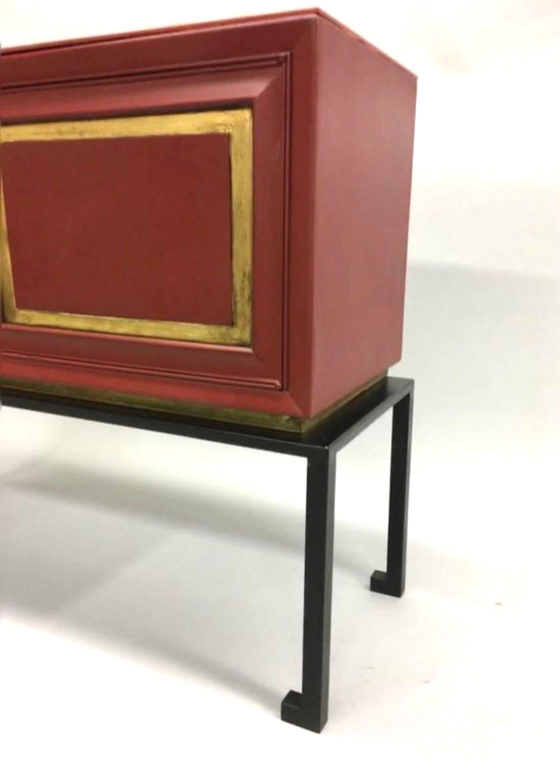 2 French Modern Neoclassical Chinese Red Lacquer Sideboards by Jacques Adnet In Good Condition For Sale In New York, NY