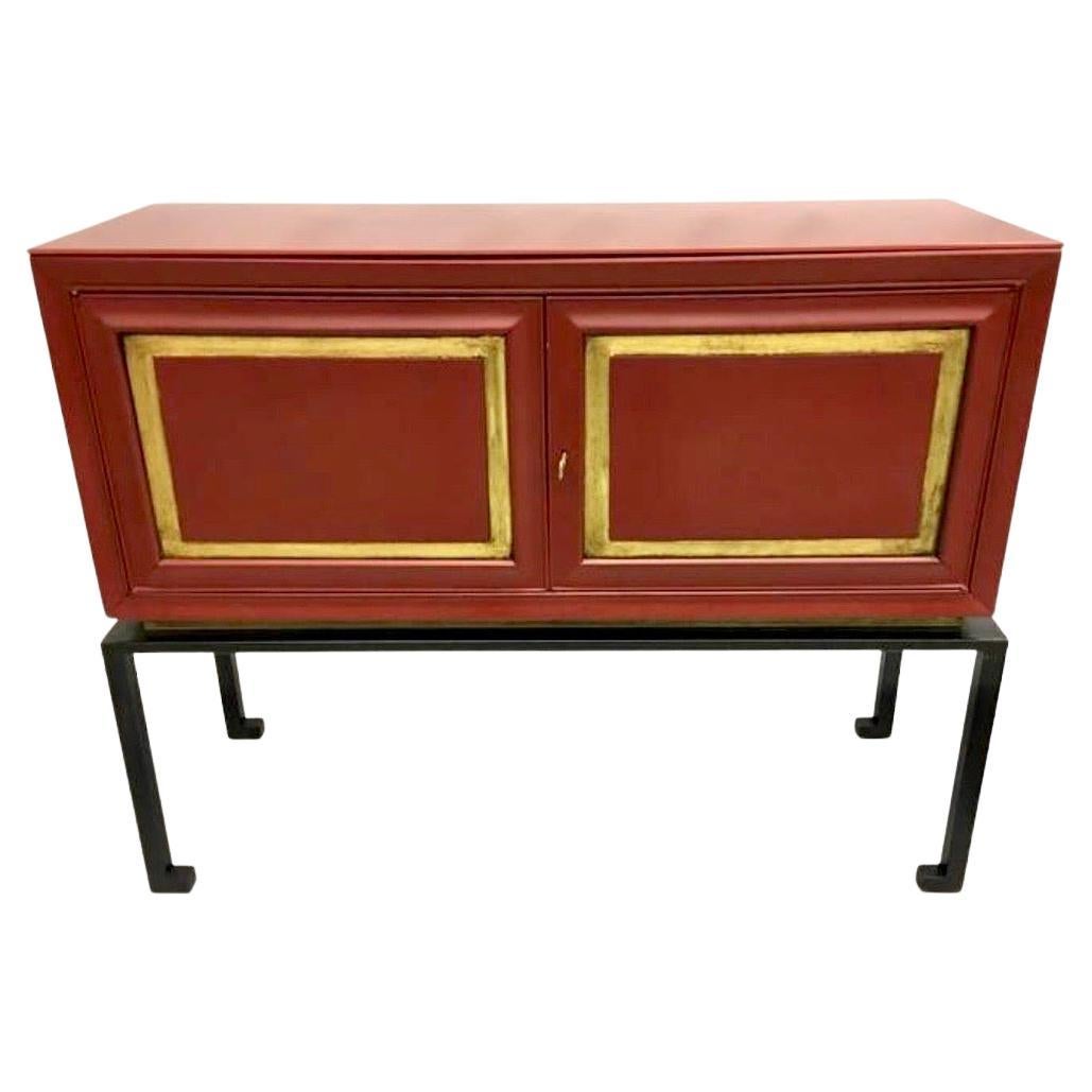 2 French Modern Neoclassical Chinese Red Lacquer Sideboards by Jacques Adnet For Sale