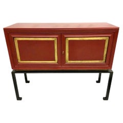 2 French Modern Neoclassical Chinese Red Lacquer Sideboards by Jacques Adnet