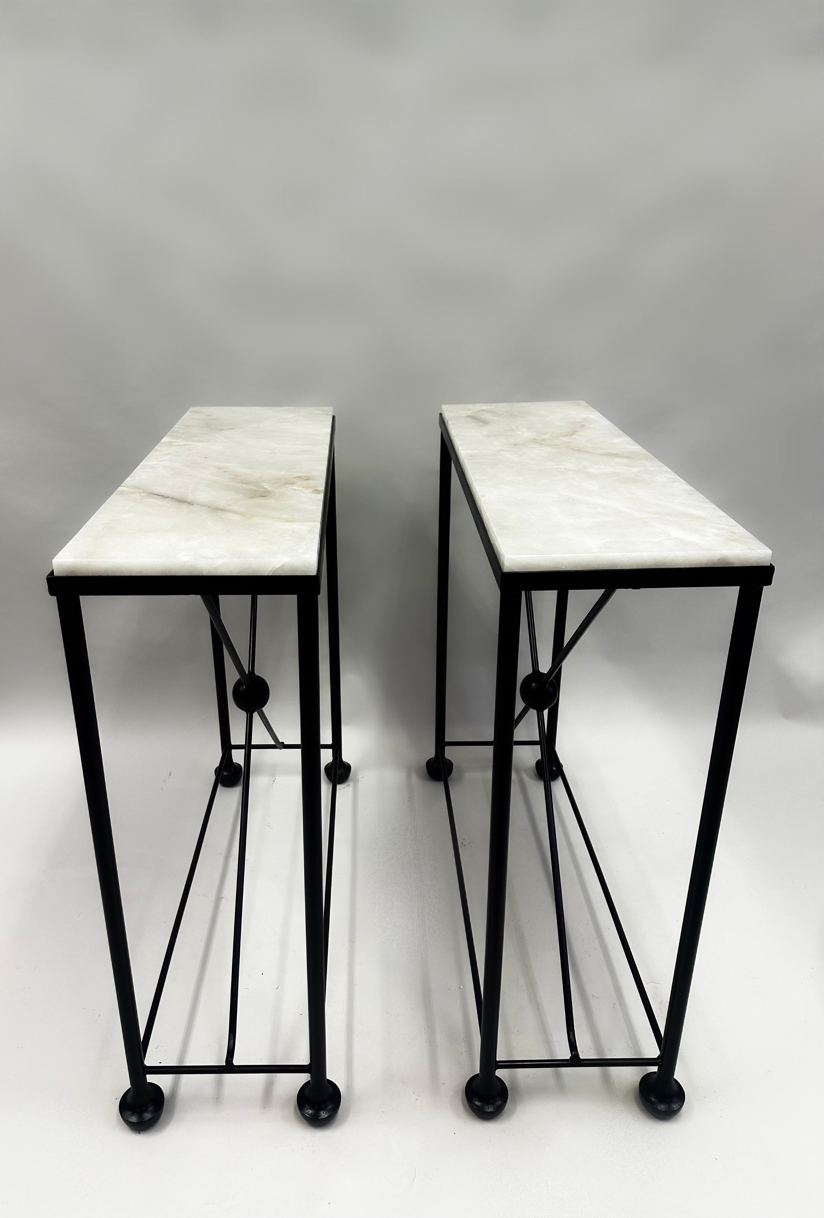 20th Century 2 French Modern Neoclassical Rock Crystal & Iron Consoles, Jean-Michel Frank For Sale