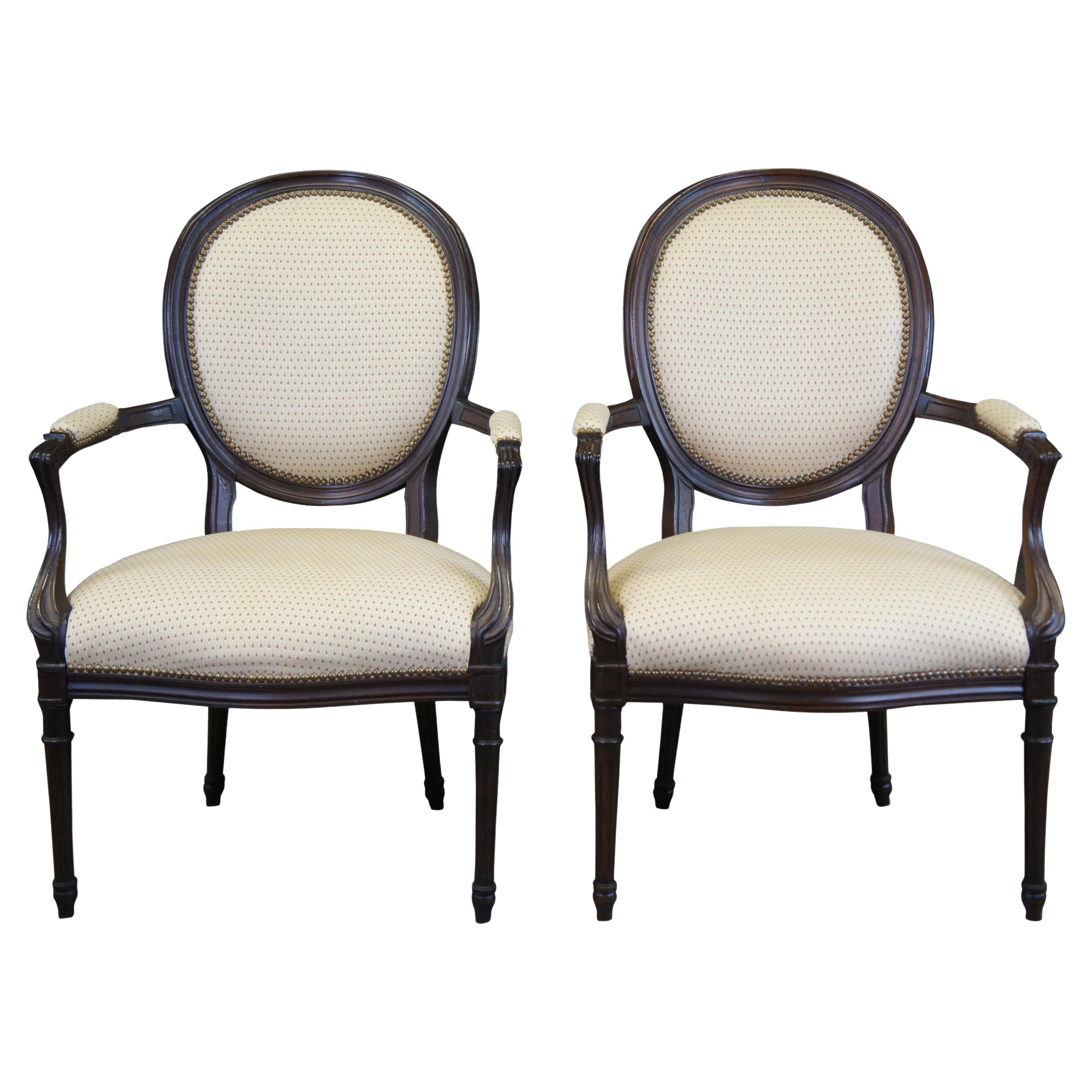 2 French Neoclassical George III Open Fauteuil Balloon Back Nailhead Arm Chairs 