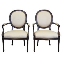 2 French Neoclassical George III Open Fauteuil Balloon Back Nailhead Arm Chairs 