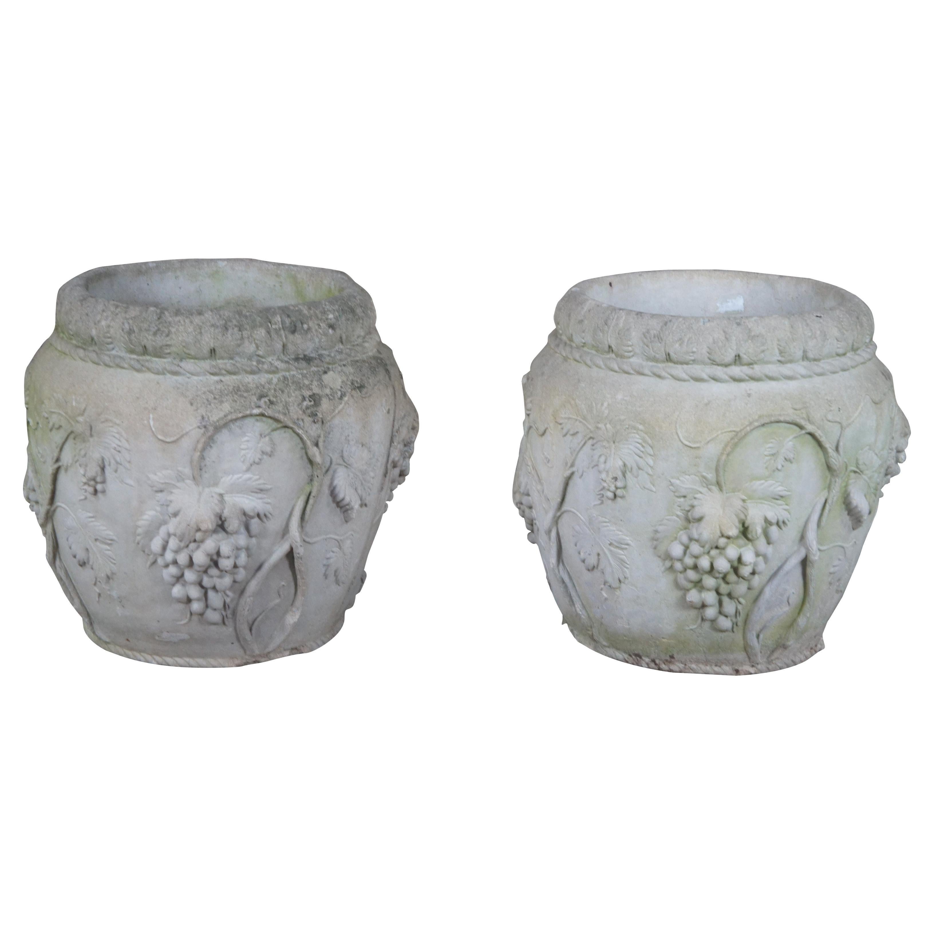 2 französische neoklassizistische hochreliefierte Weinreben-Garten-Pflanzgefäßvasen-Vasen, Urnen 135lbs
