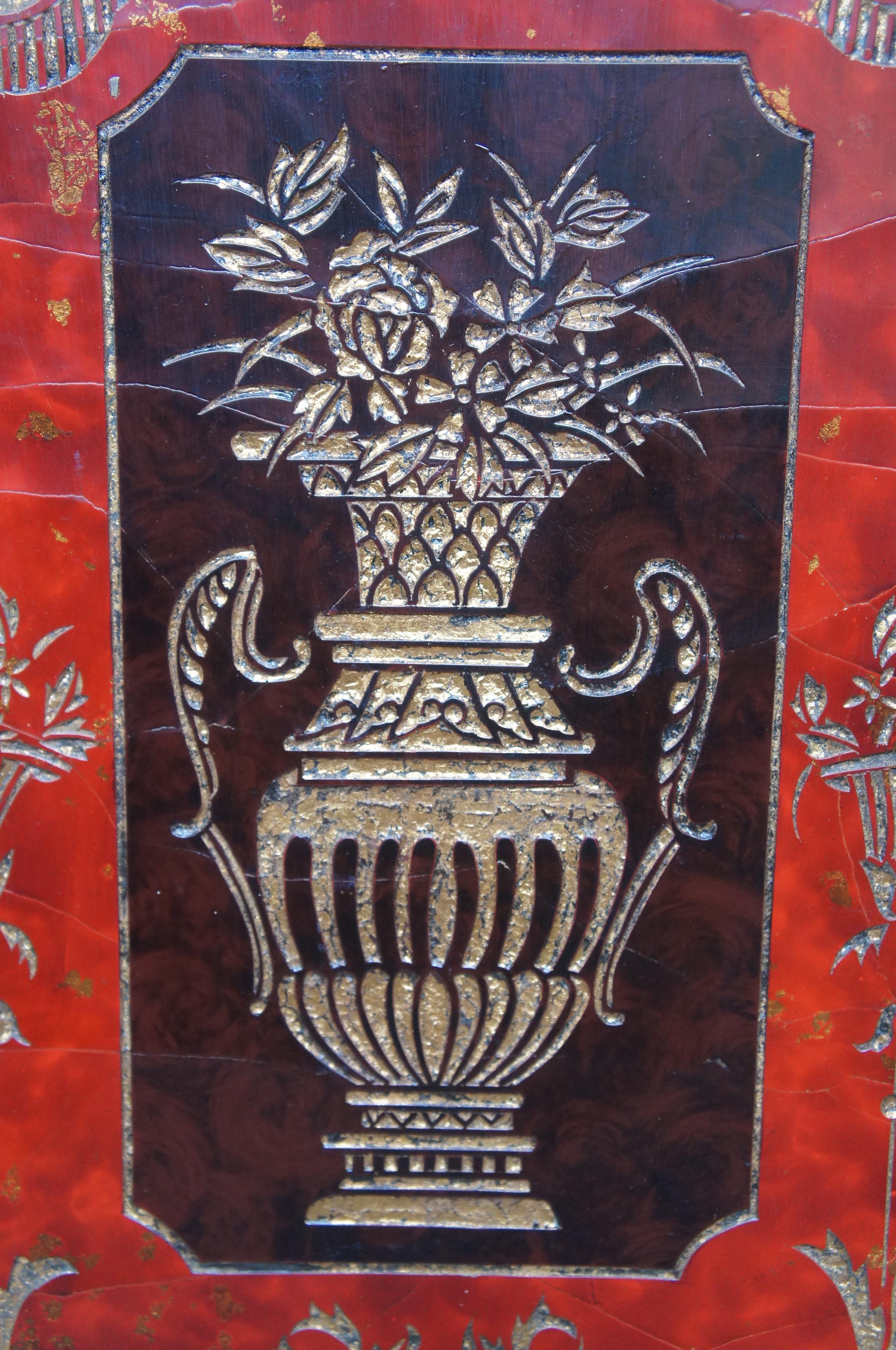 Hardwood 2 French Neoclassical Style Red Lacquer Wall Hanging Panels Gold Urns & Figures For Sale
