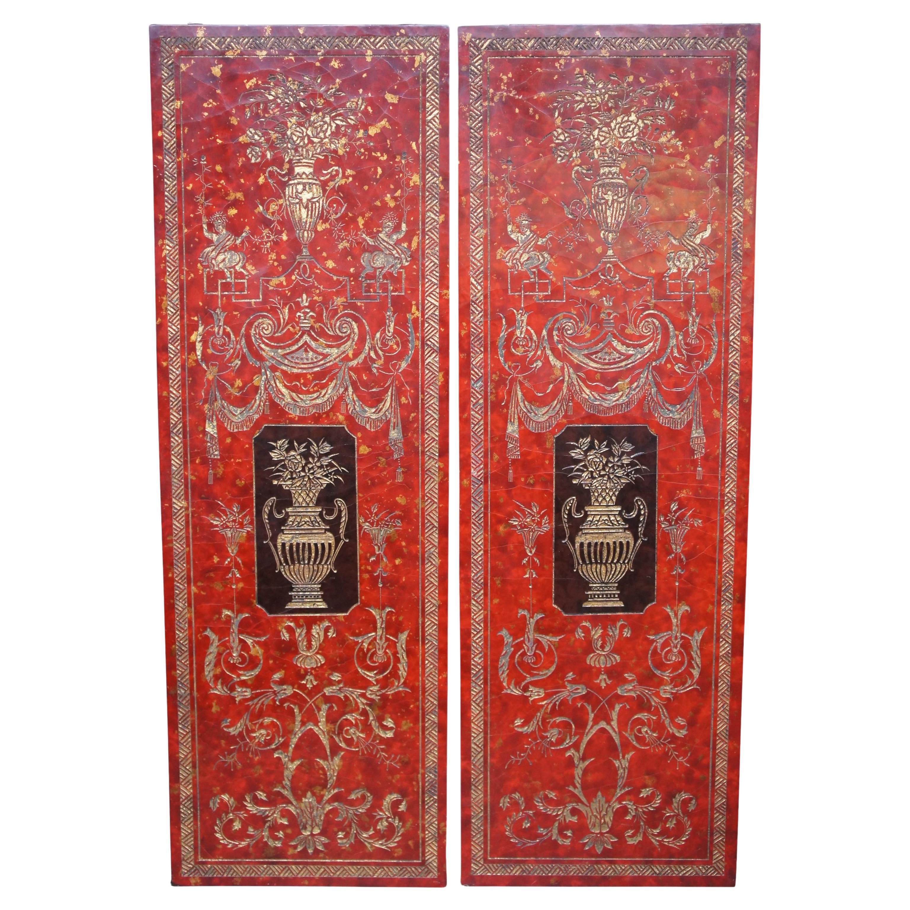 2 French Neoclassical Style Red Lacquer Wall Hanging Panels Gold Urns & Figures For Sale