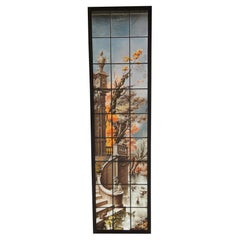 2 French Painted & Fired Neoclassical Floral Stained Glass Windows Signed 72"