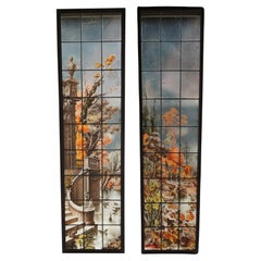 2 Französisch gemalt & gebrannt neoklassischen Floral Stained glass Windows signiert 72"