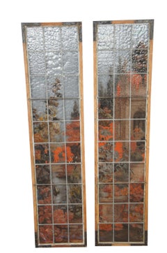 2 French Painted & Fired Neoclassical Leaded Botanical Stained Glass Windows 62"