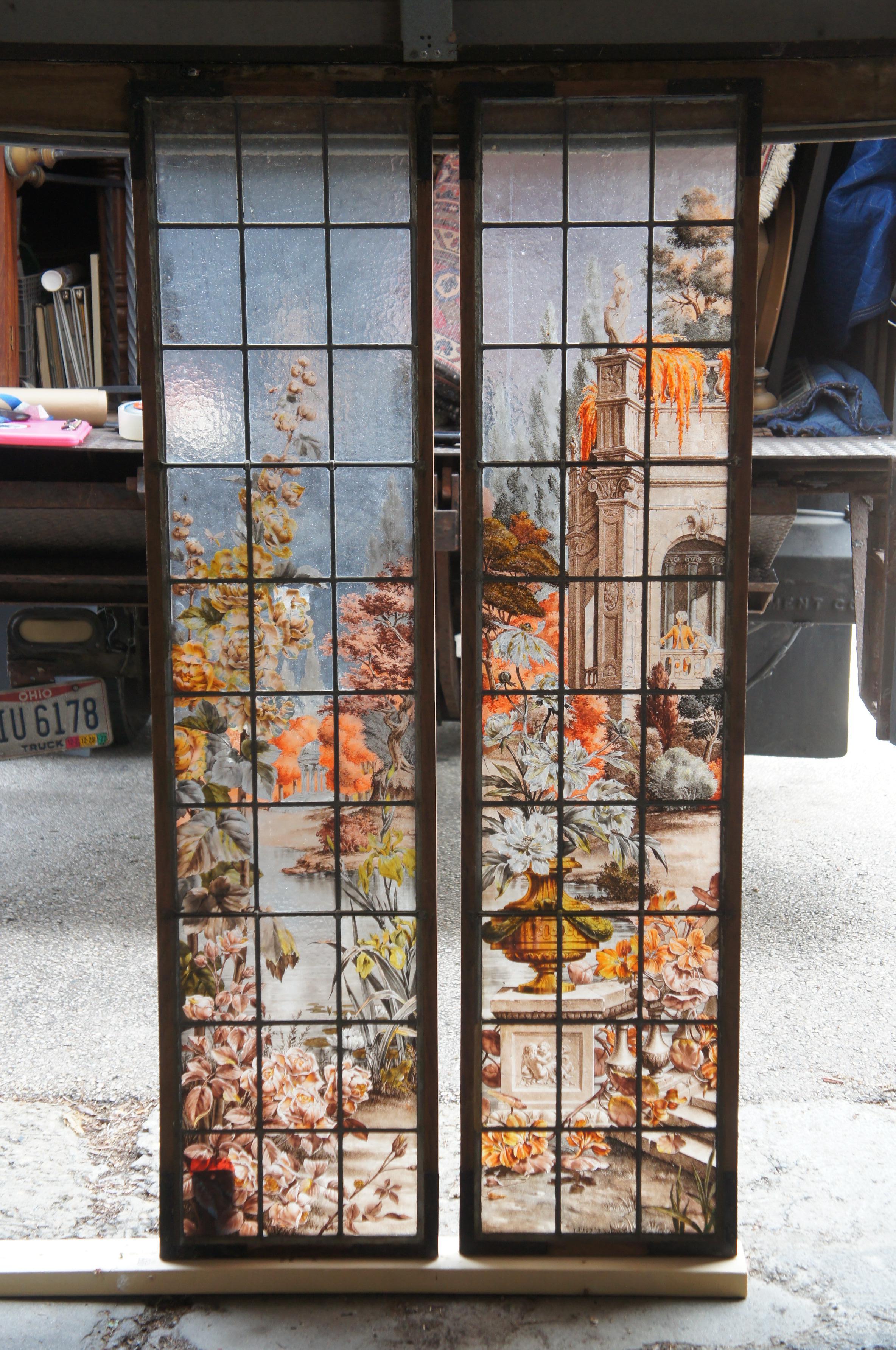 2 Französisch gemalt & gebrannt neoklassischen Bleiverglasung botanischen Stained glass Windows 62