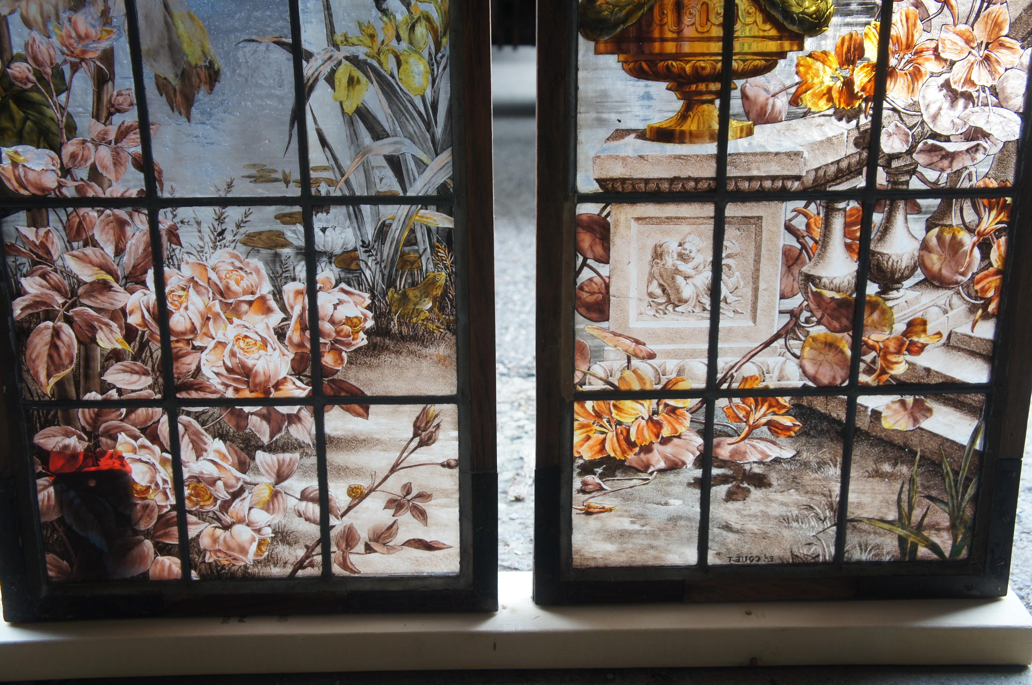2 Französisch gemalt & gebrannt neoklassischen Bleiverglasung botanischen Stained glass Windows 62