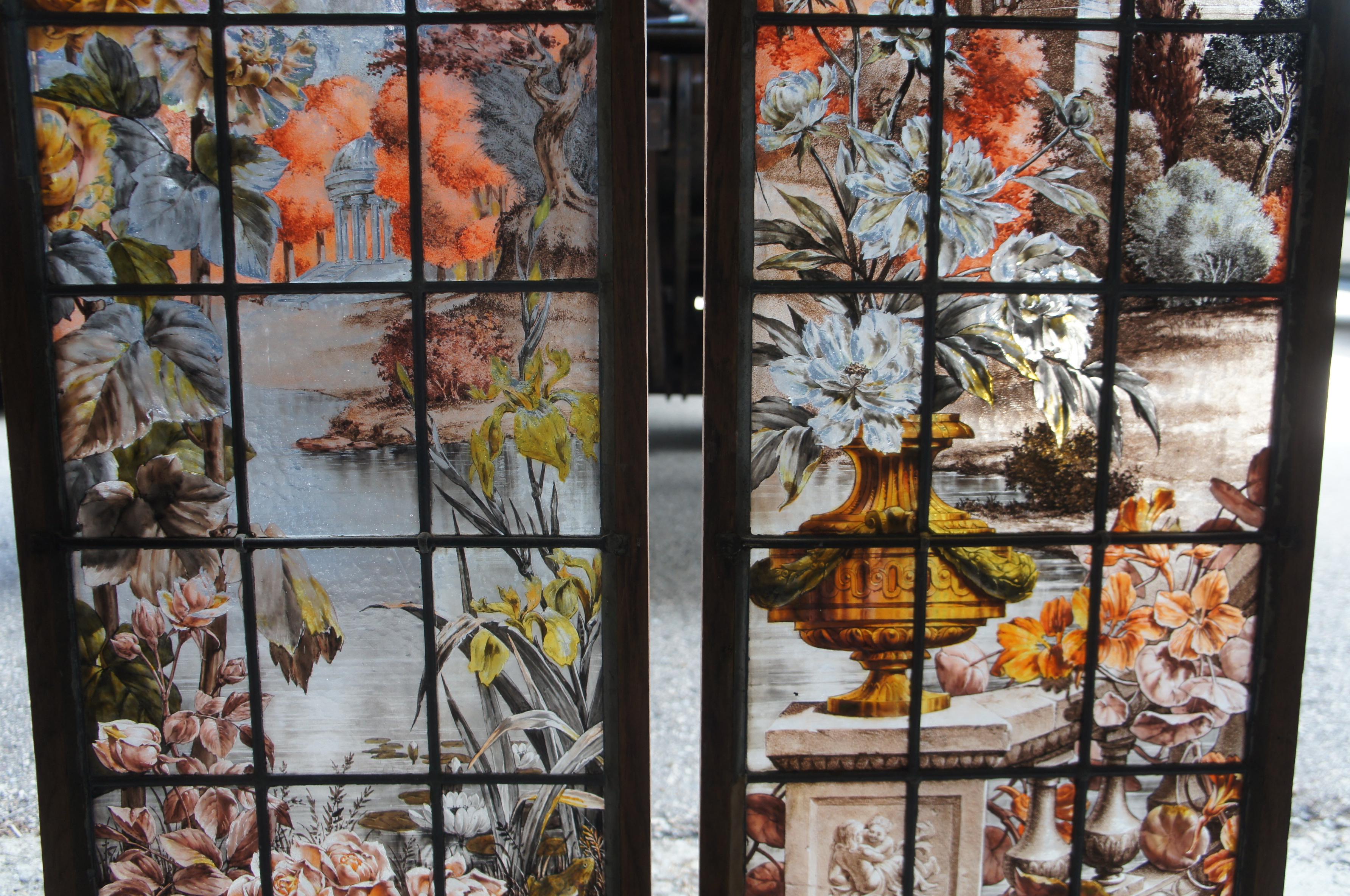 2 Französisch gemalt & gebrannt neoklassischen Bleiverglasung botanischen Stained glass Windows 62