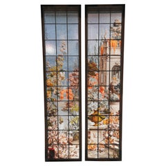 2 Französisch gemalt & gebrannt neoklassischen Bleiverglasung botanischen Stained glass Windows 62"