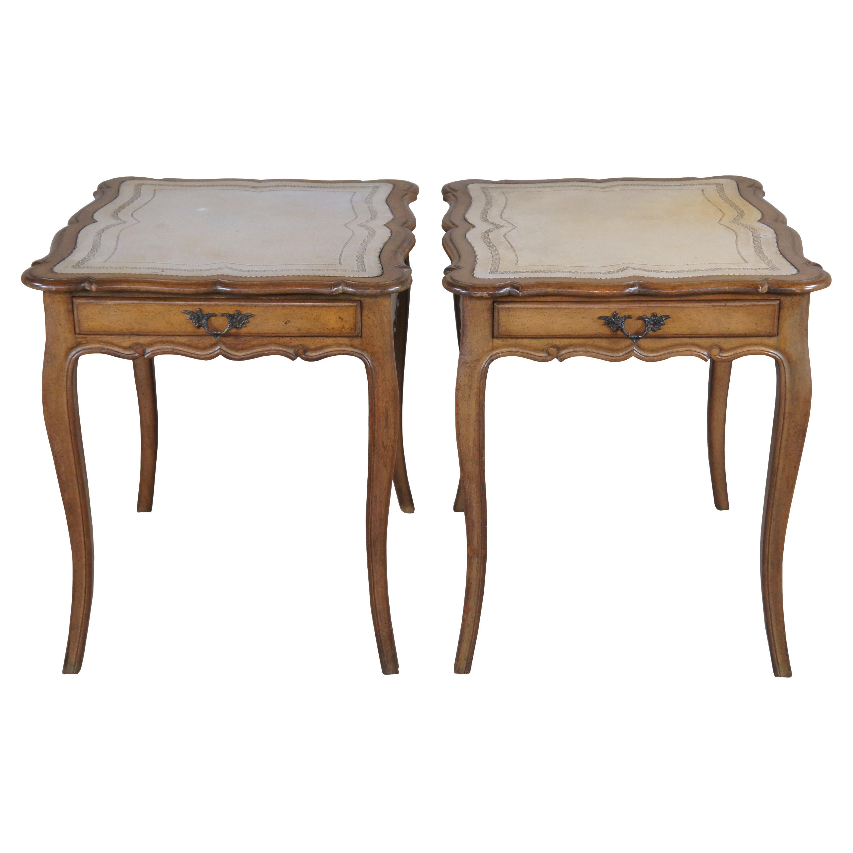 2 French Provincial Walnut Tooled Leather Serpentine Side Accent Tables 24" For Sale