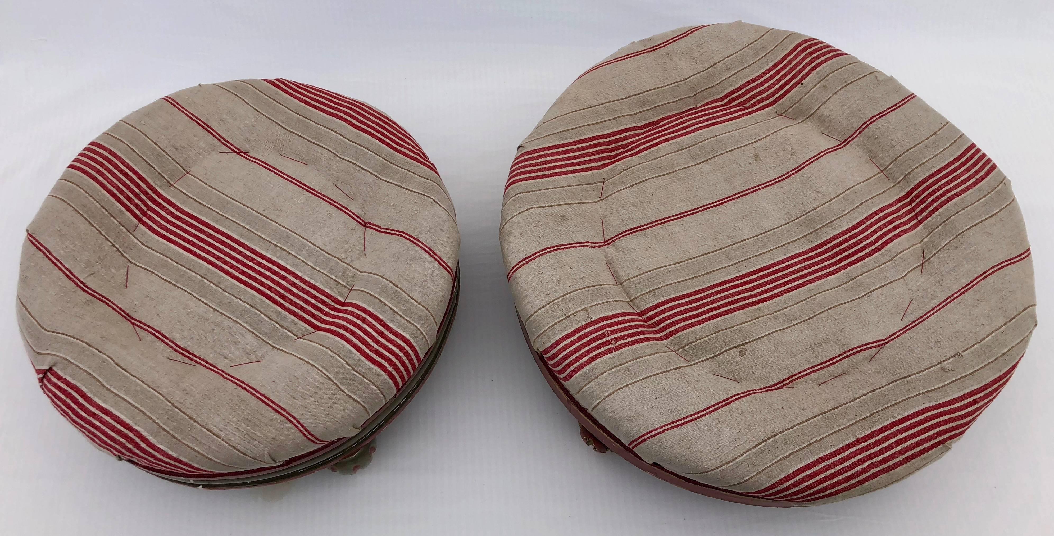 Napoleon III Two French Round Footstools Padded with Hay, Red Stripe Linen Tops, Late 1800s