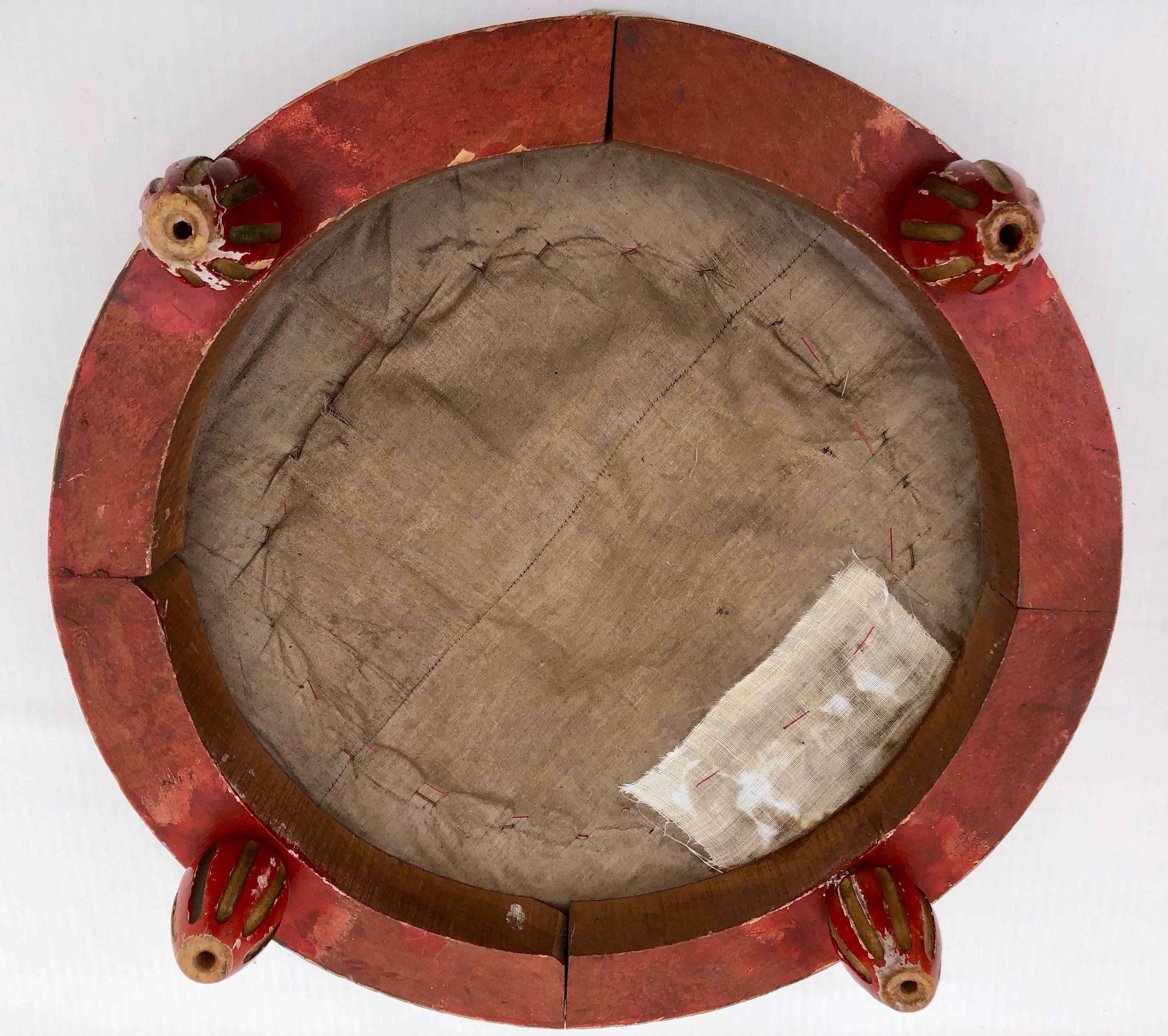 Hand-Painted Two French Round Footstools Padded with Hay, Red Stripe Linen Tops, Late 1800s
