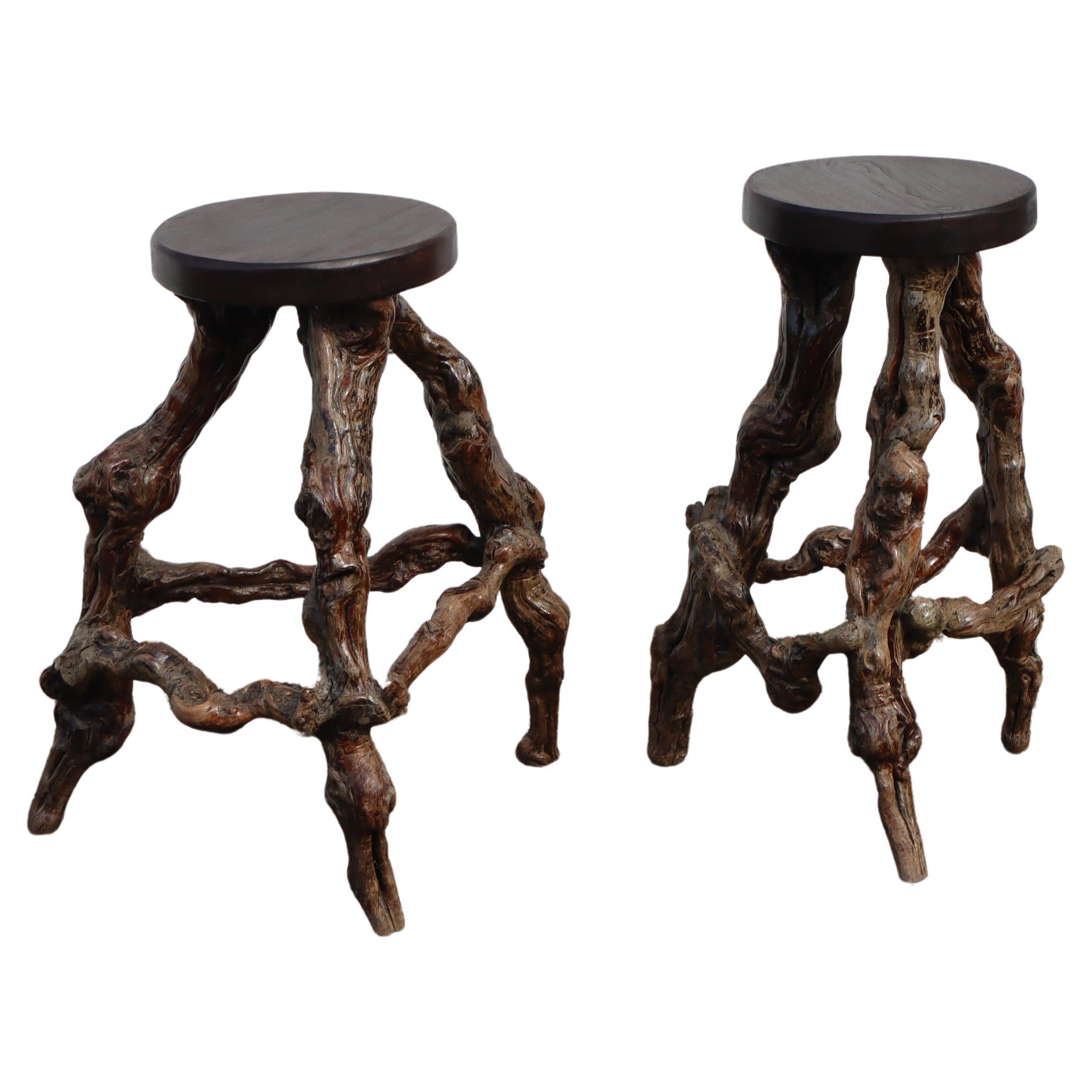Hand-Crafted 2 French Vintage Vine Wood Branch Bar Stools