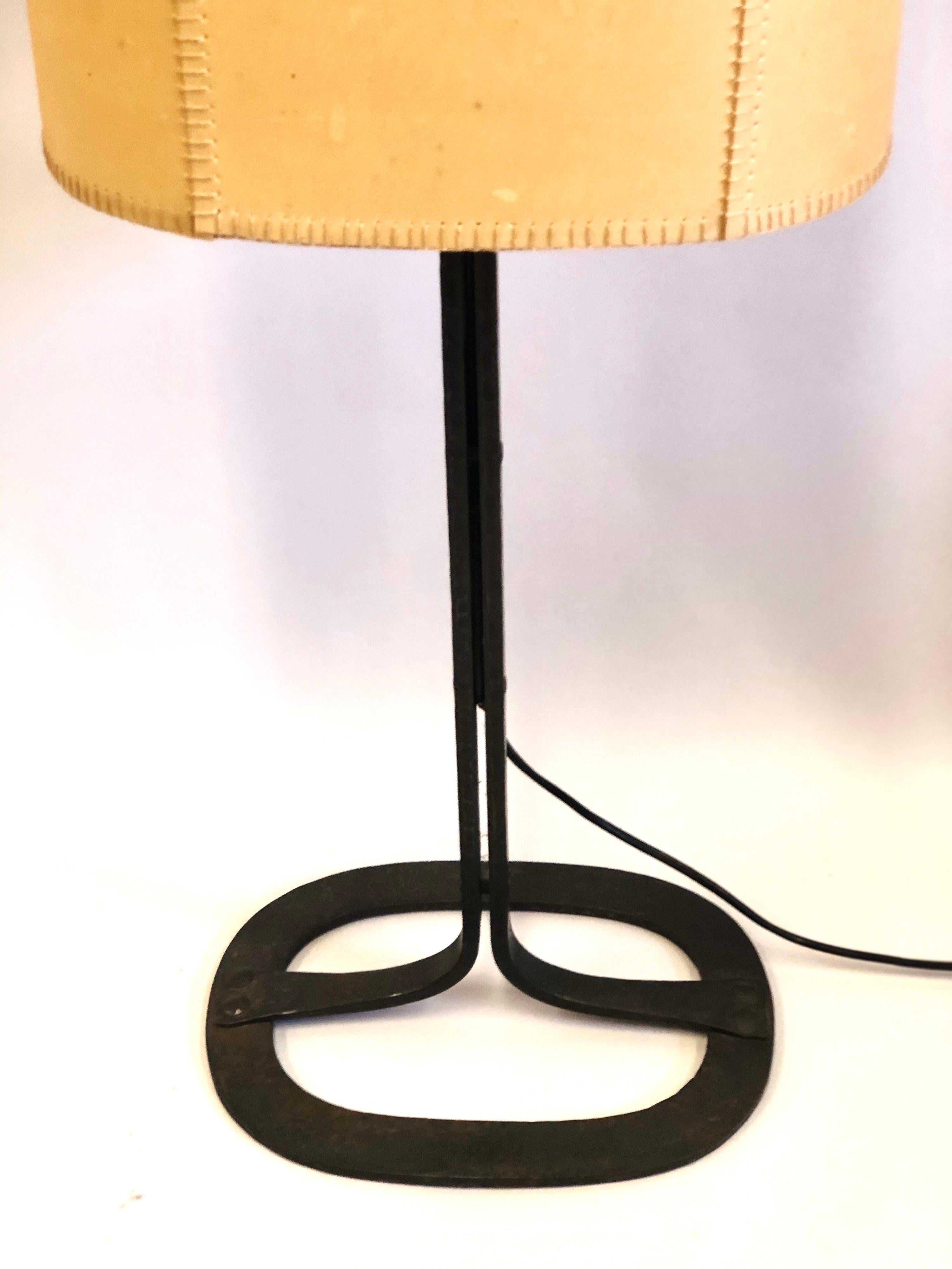 Mid-Century Modern French Mid-Century Wrought Iron & Parchment Table Lamp Attr to Gilbert Poillerat For Sale
