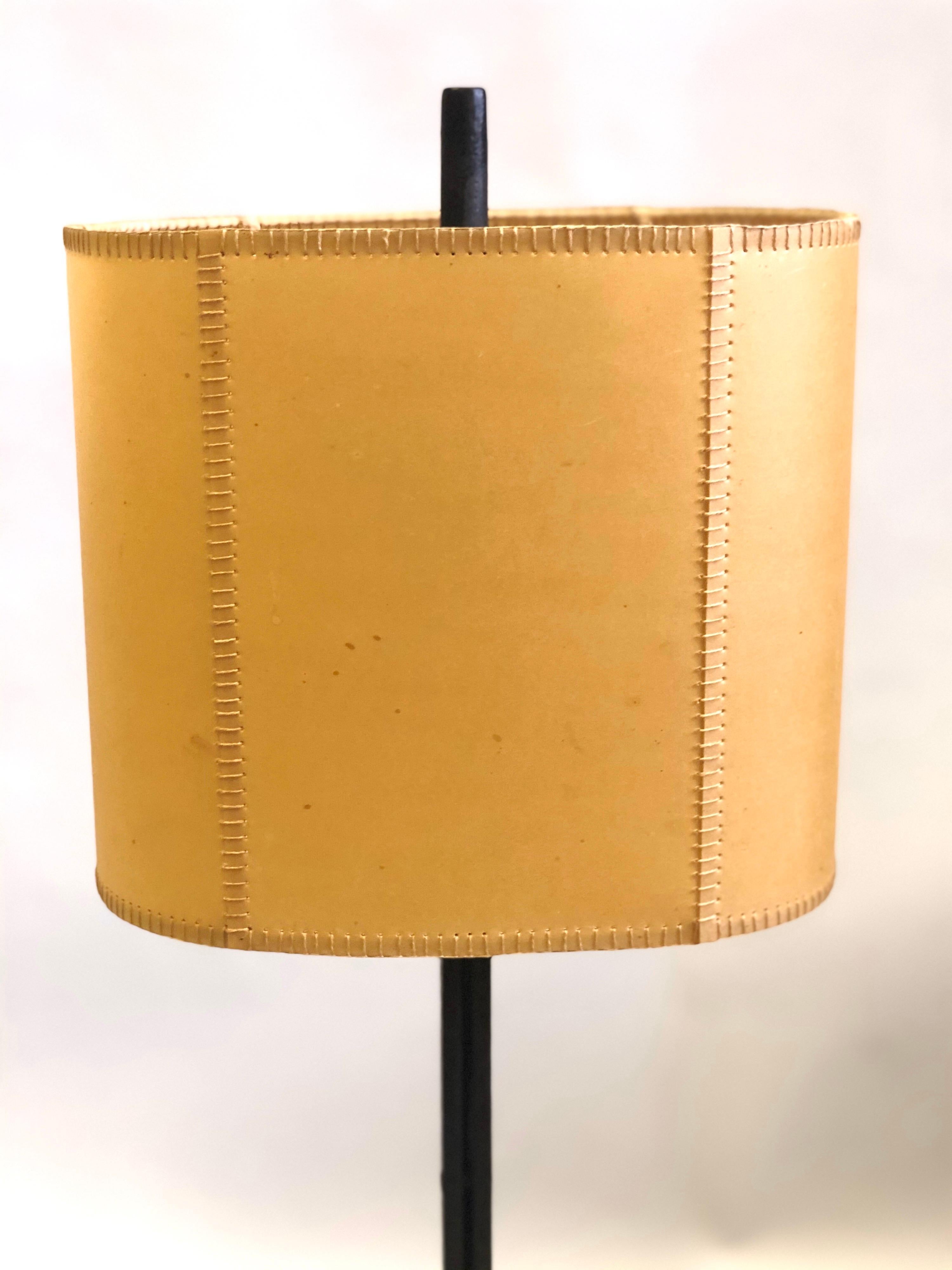 Hammered French Mid-Century Wrought Iron & Parchment Table Lamp Attr to Gilbert Poillerat For Sale