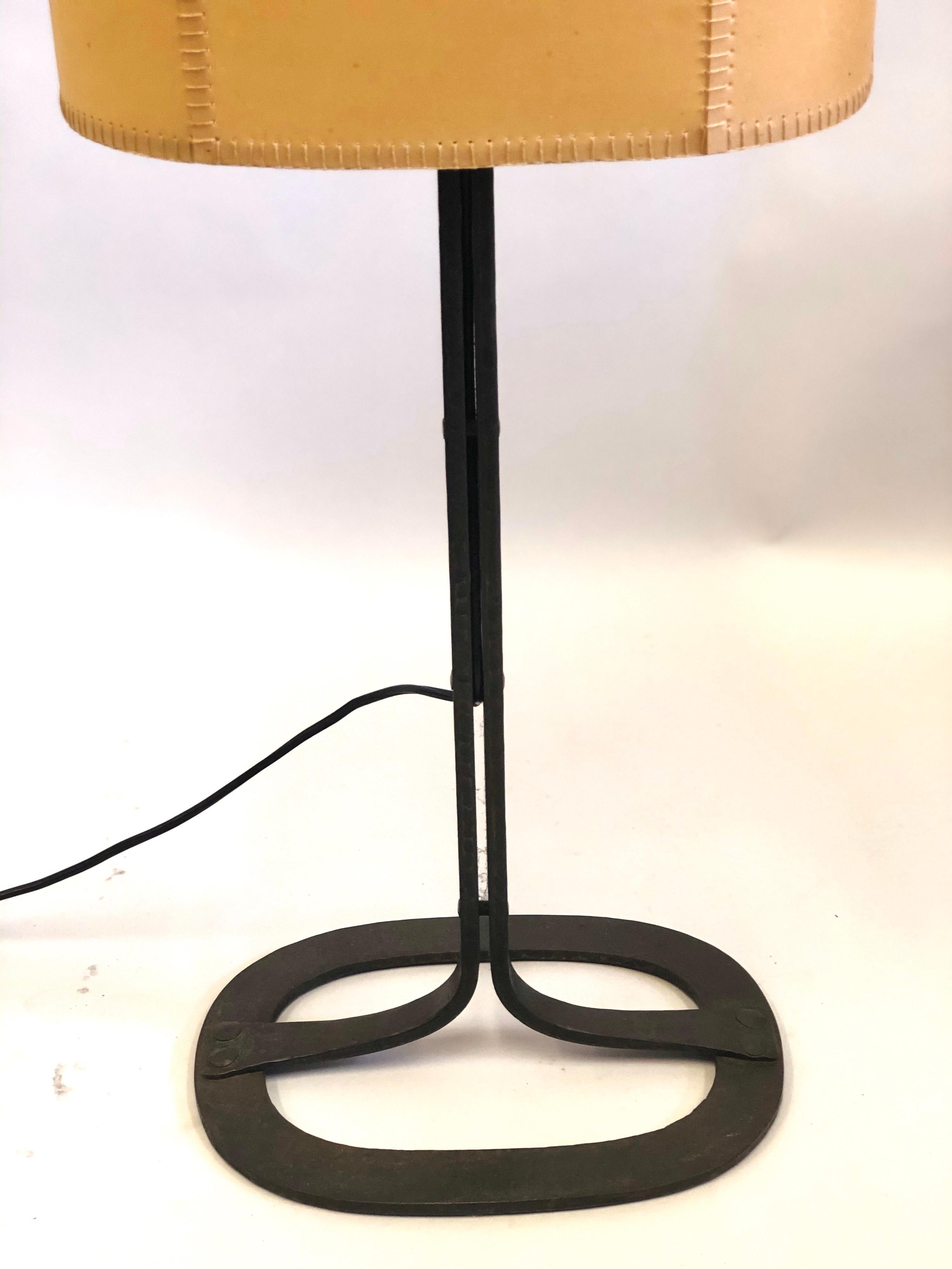 French Mid-Century Wrought Iron & Parchment Table Lamp Attr to Gilbert Poillerat For Sale 1